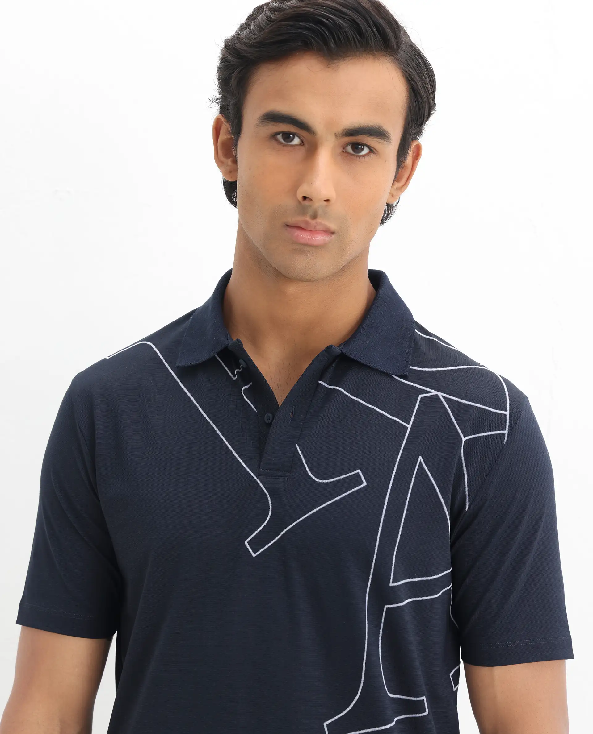 Rare Rabbit Men's Zapos Navy Cotton Graphic Print Regular Fit Half Sleeve Polo - Image 7