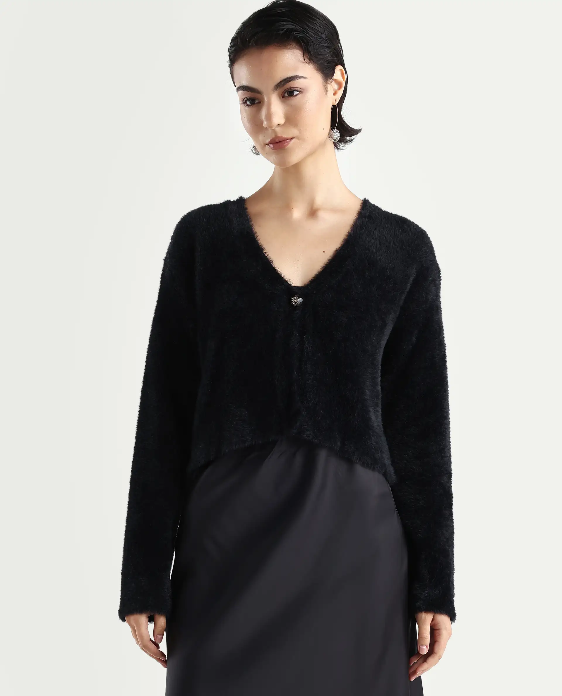 Rareism Women's Zarc-S Black Nylon V-Neck Relaxed Fit Plain Cardigan - Image 3