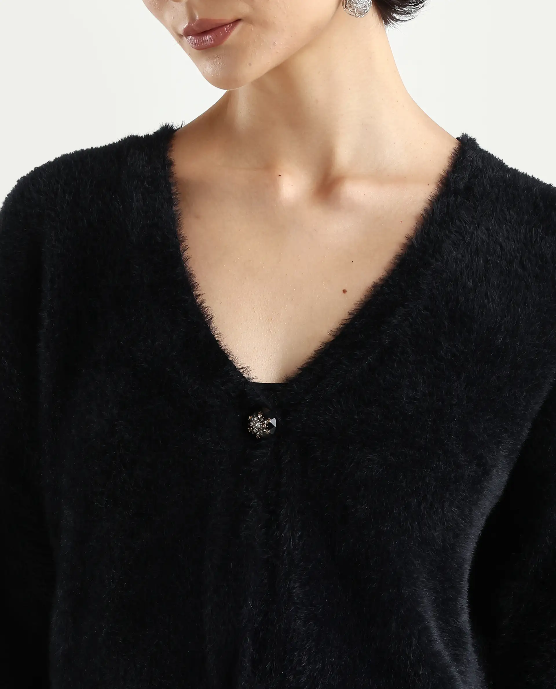 Rareism Women's Zarc-S Black Nylon V-Neck Relaxed Fit Plain Cardigan - Image 4