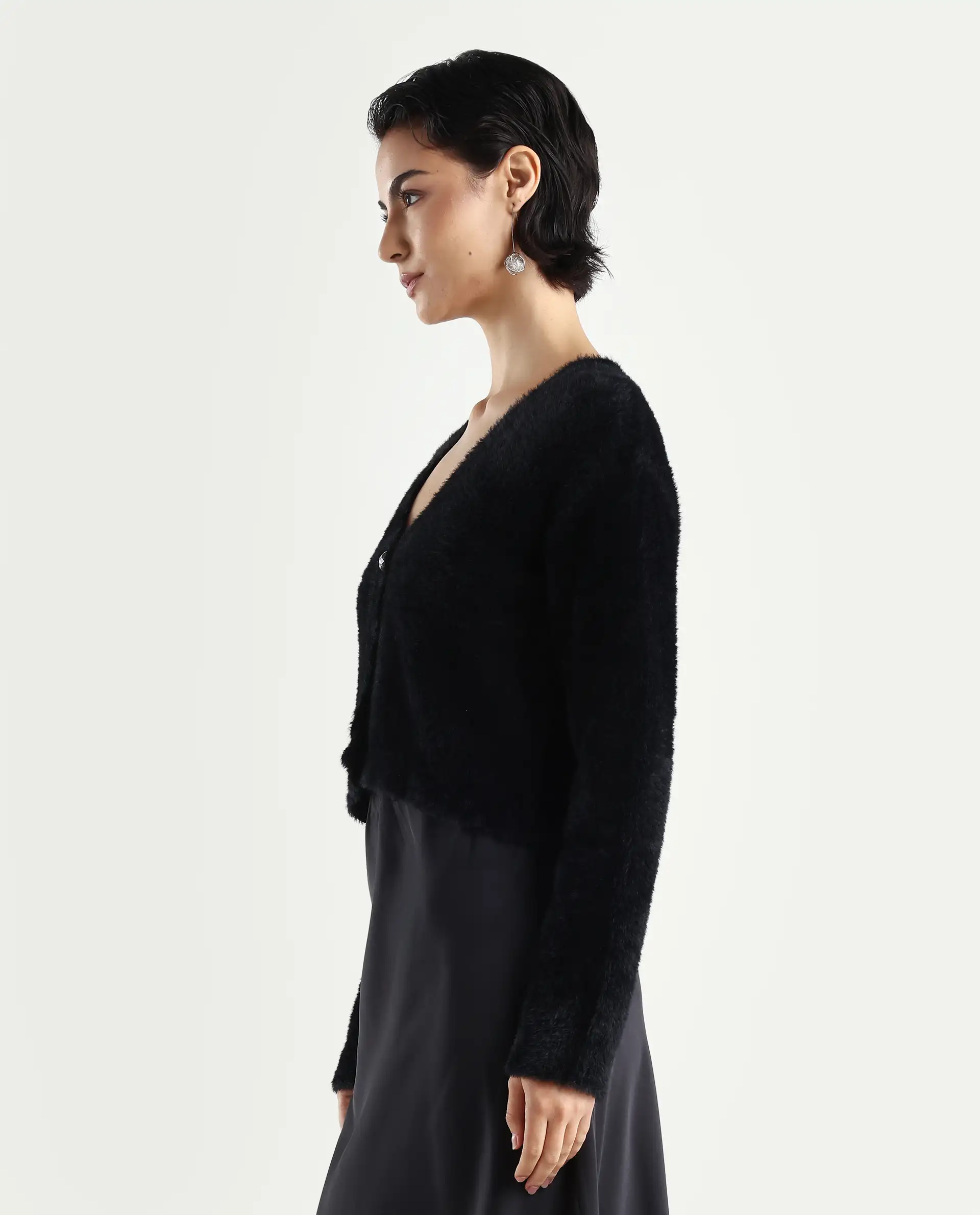 Rareism Women's Zarc-S Black Nylon V-Neck Relaxed Fit Plain Cardigan - Image 5