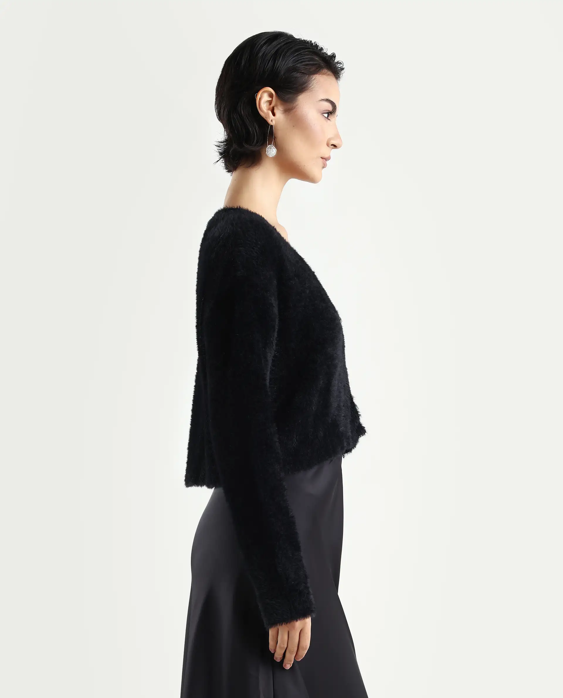 Rareism Women's Zarc-S Black Nylon V-Neck Relaxed Fit Plain Cardigan - Image 6