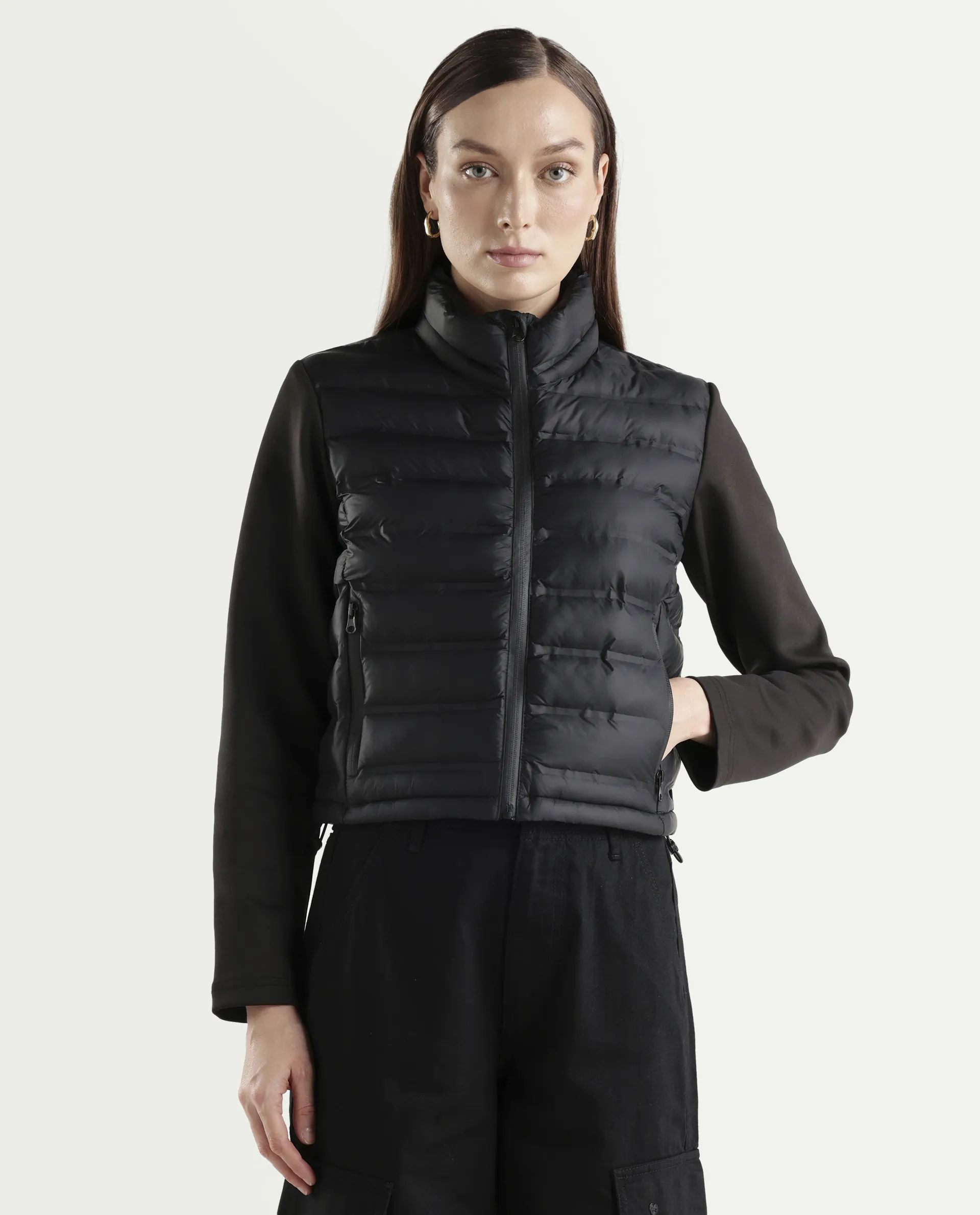 Rareism Women's Zarcru Black Nylon High Collar Regular Plain Jacket - Image 3