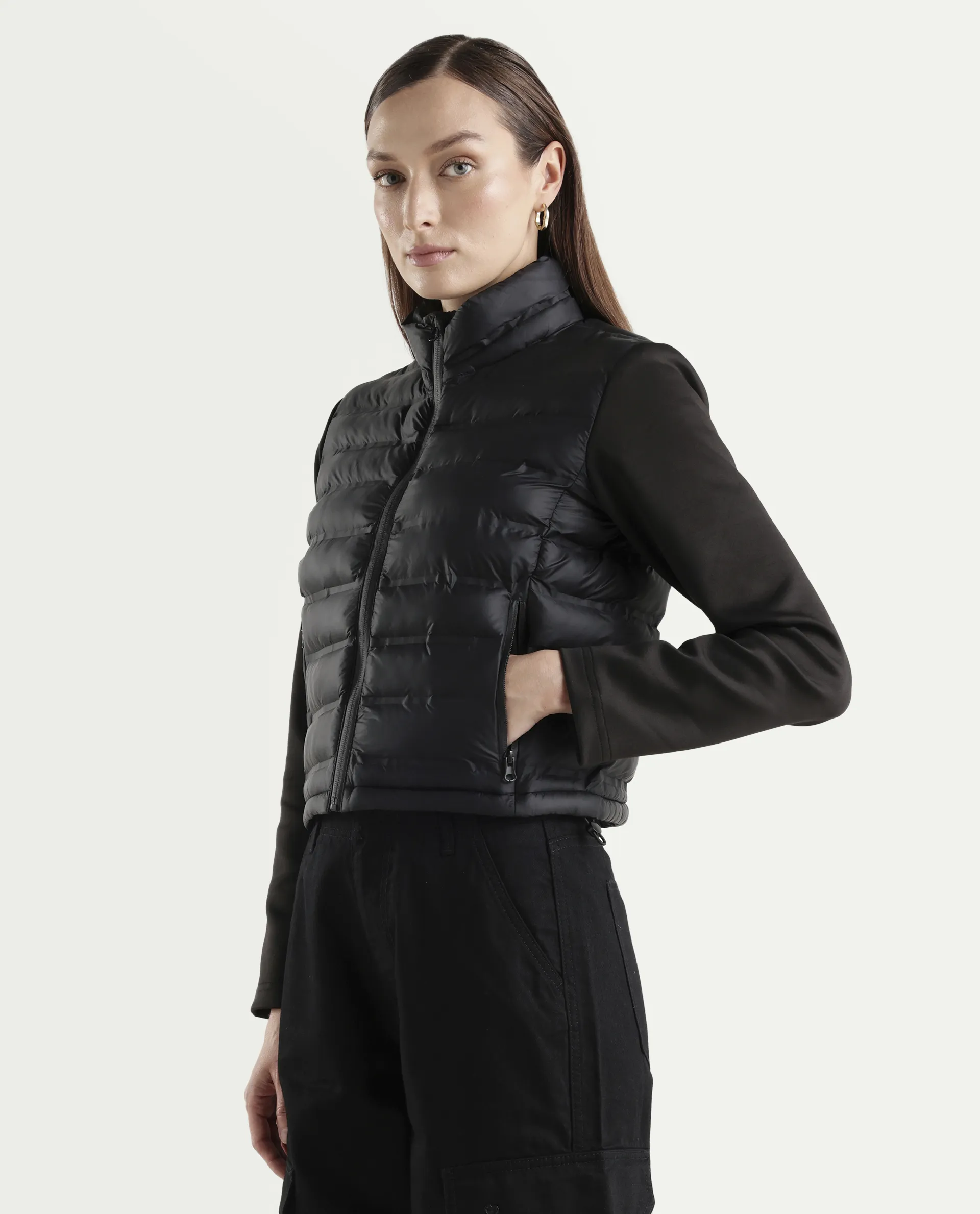 Rareism Women's Zarcru Black Nylon High Collar Regular Plain Jacket - Image 5