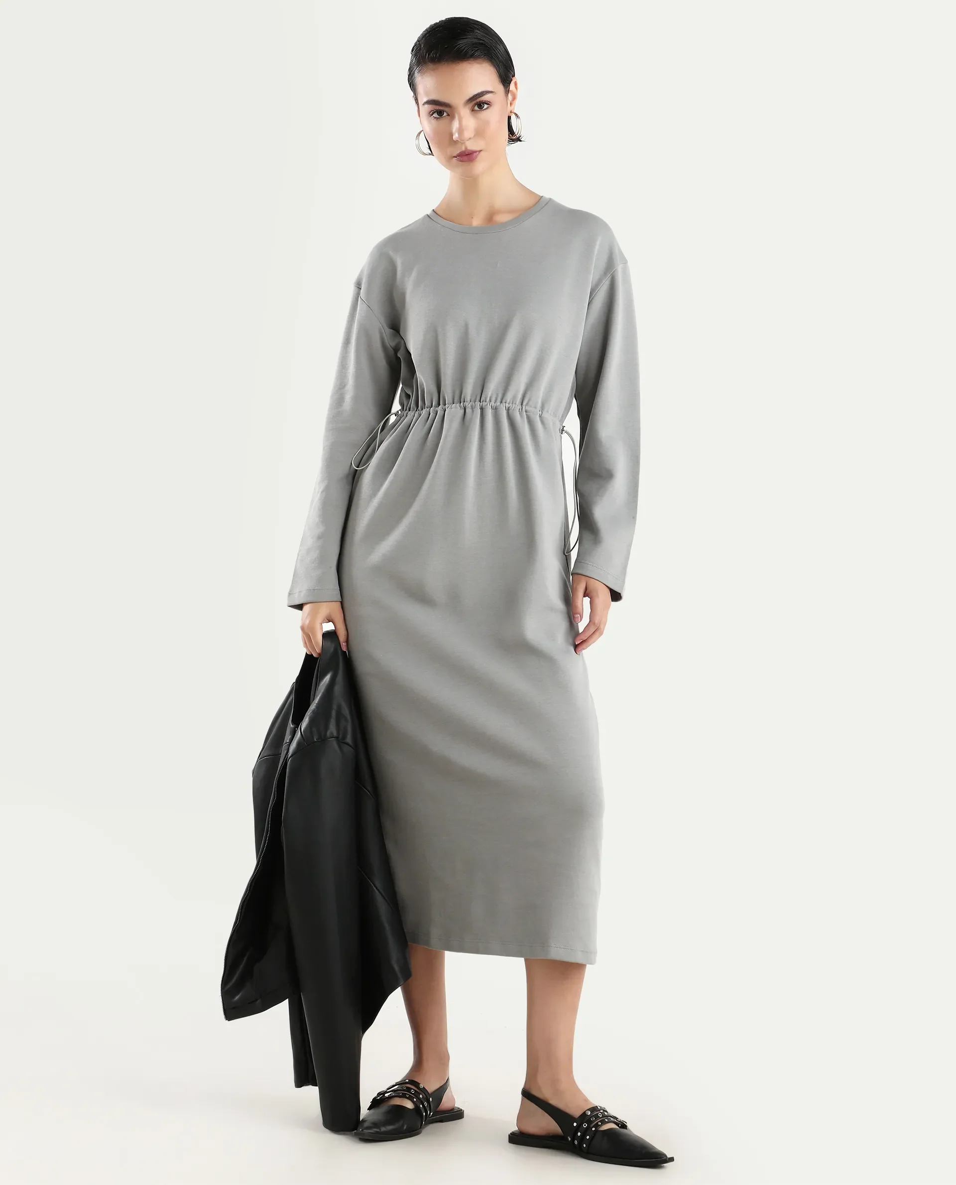 Rareism Women's Zarene Grey Cotton Blend Crew Neck Plain Maxi Regular Fit Dress - Image 2