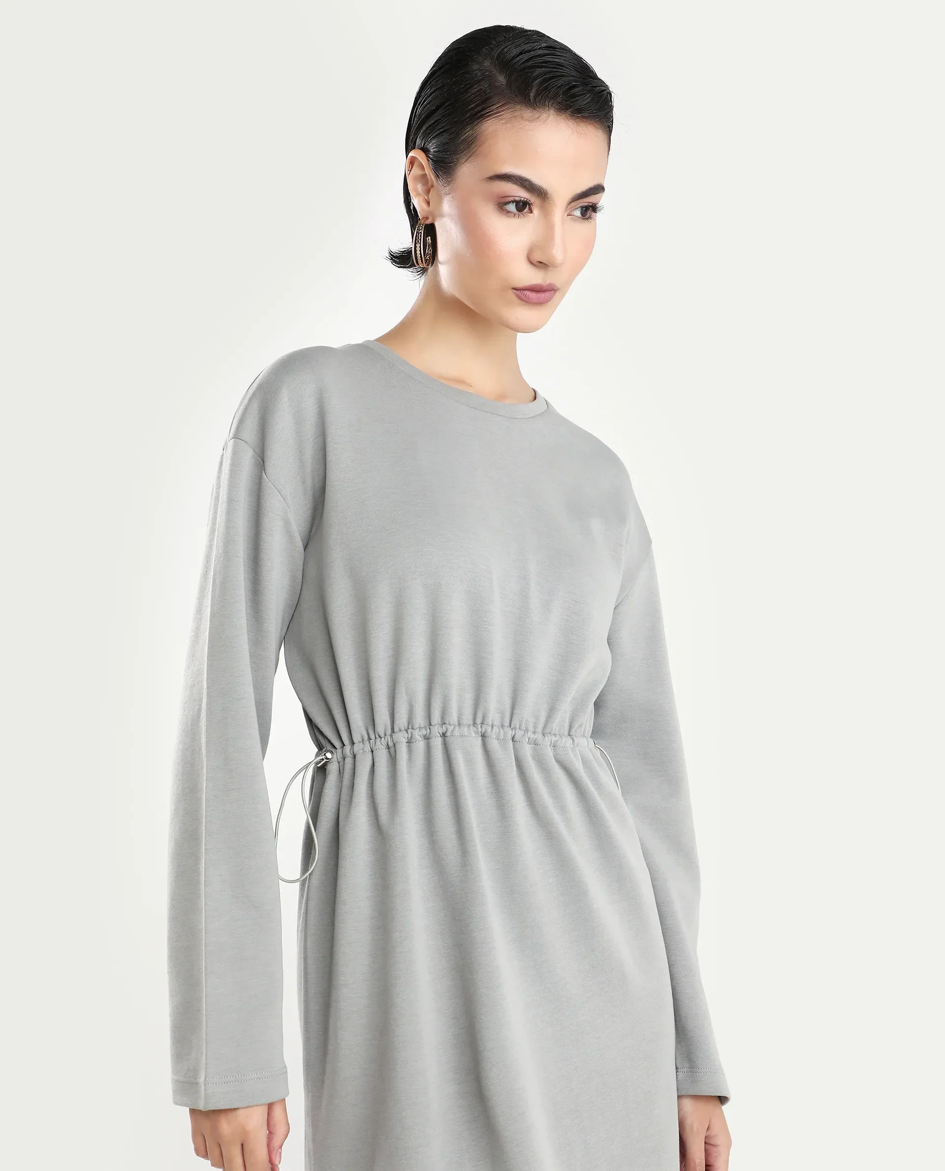 Rareism Women's Zarene Grey Cotton Blend Crew Neck Plain Maxi Regular Fit Dress - Image 3