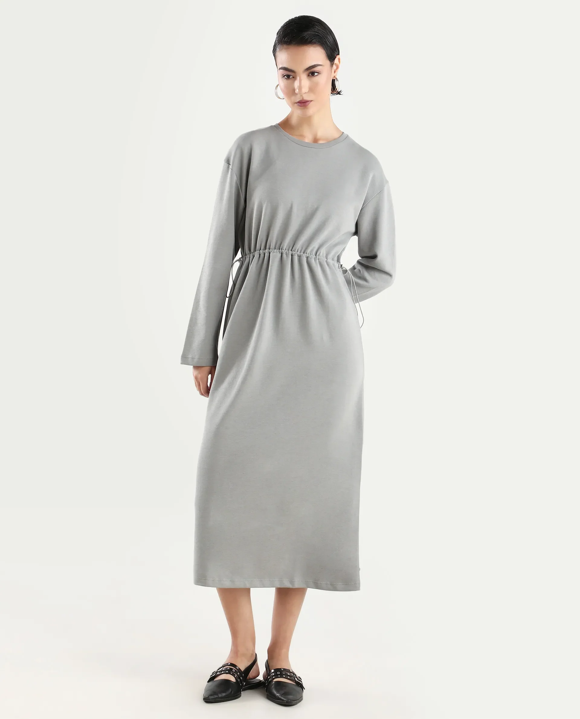 Rareism Women's Zarene Grey Cotton Blend Crew Neck Plain Maxi Regular Fit Dress - Image 4