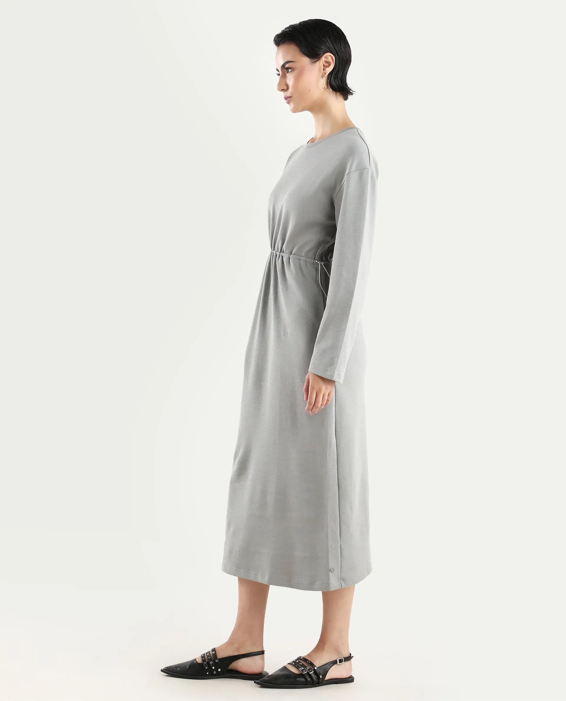 Rareism Women's Zarene Grey Cotton Blend Crew Neck Plain Maxi Regular Fit Dress - Image 5