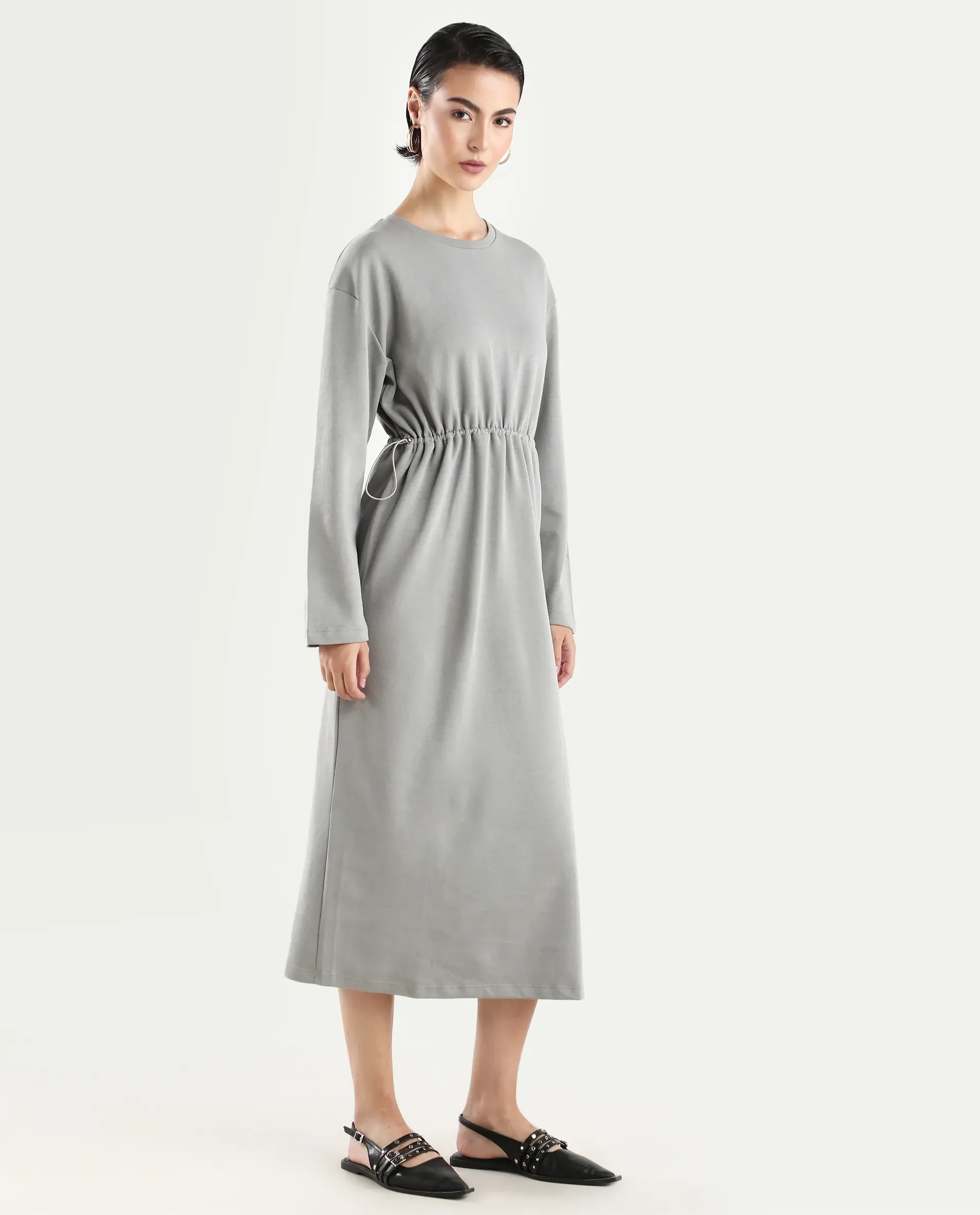 Rareism Women's Zarene Grey Cotton Blend Crew Neck Plain Maxi Regular Fit Dress - Image 6