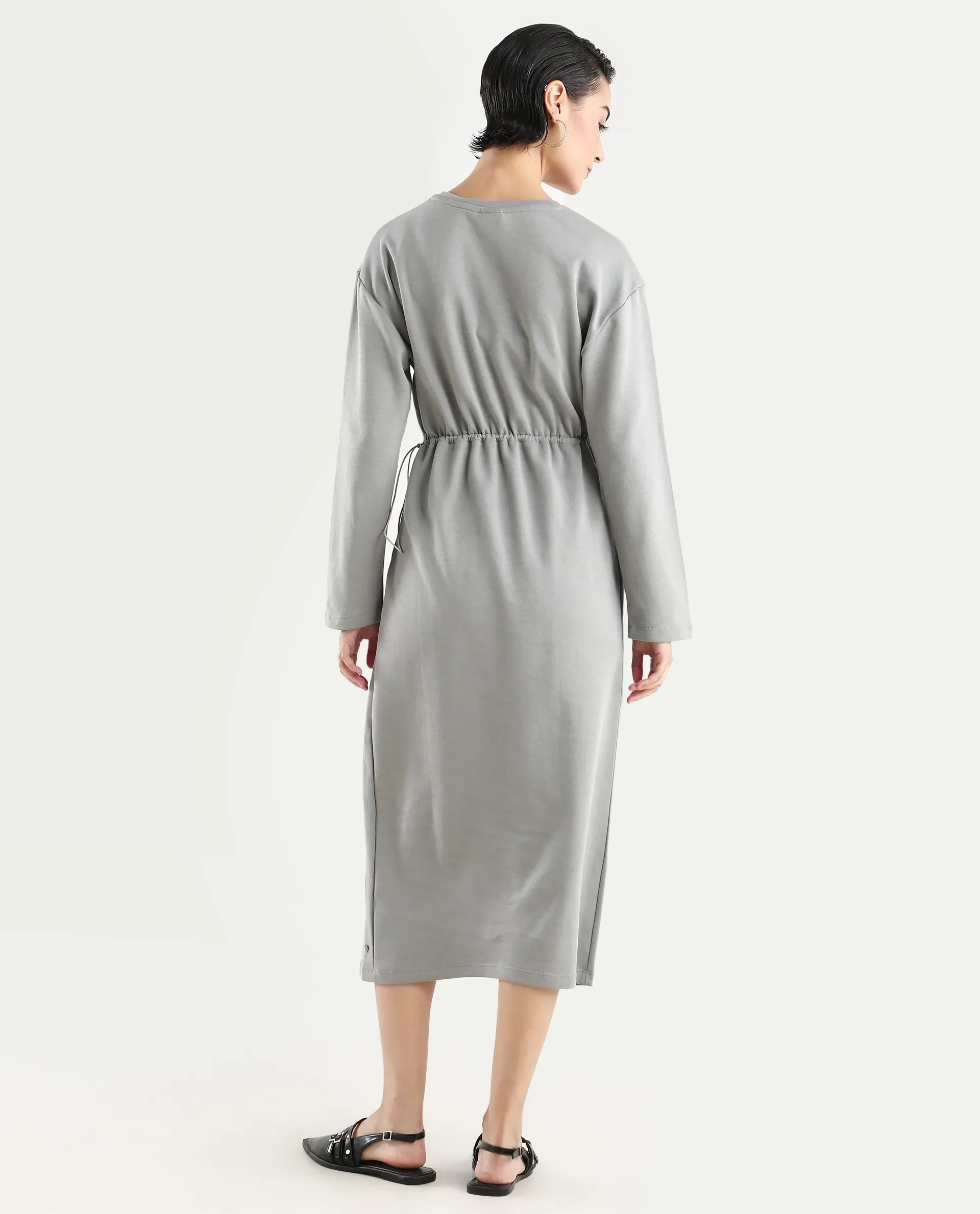 Rareism Women's Zarene Grey Cotton Blend Crew Neck Plain Maxi Regular Fit Dress - Image 7