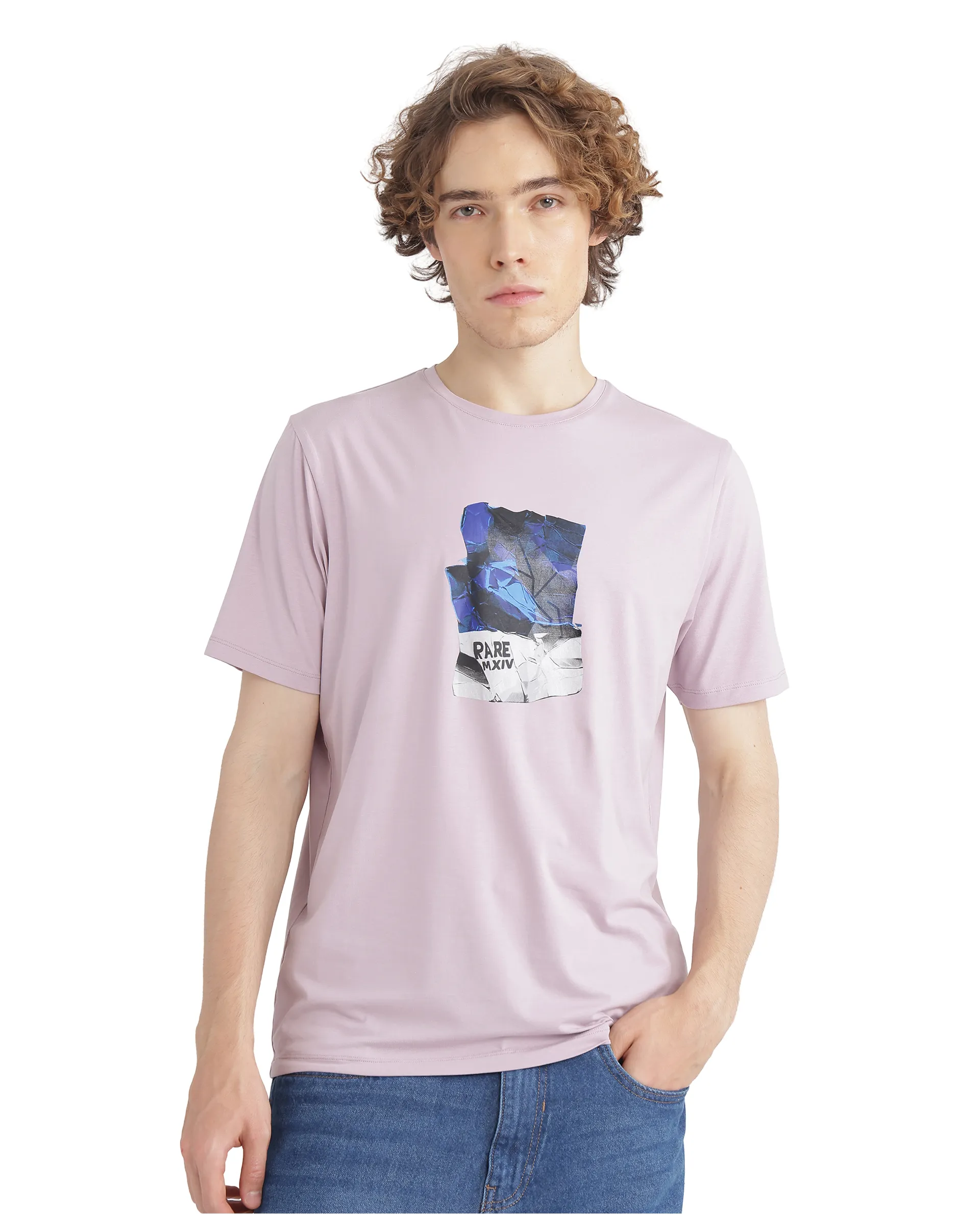 Rare Rabbit Men's Zarf Dusky Pink Cotton Blend Graphic Print Regular Fit Half Sleeve Crew Neck T-Shirt - Image 2