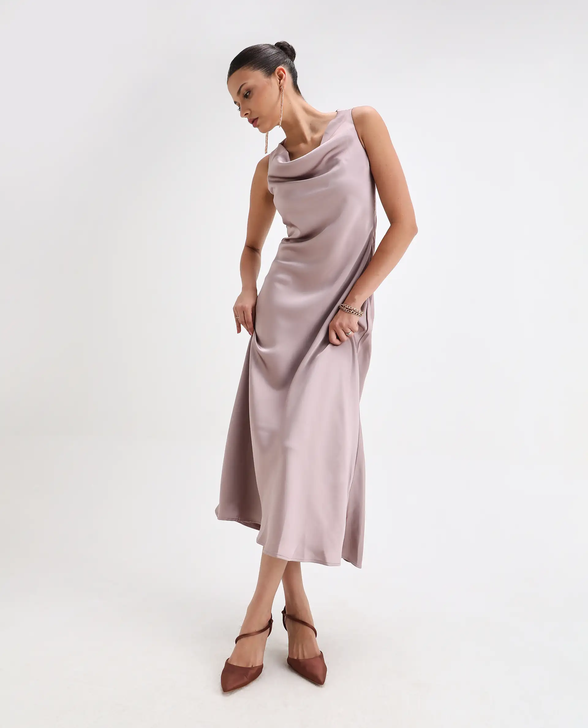 Rareism Women's Zarina Dusky Beige Polyester Cowl Neck Plain Sleeveless Maxi Straight Fit Dress - Image 2