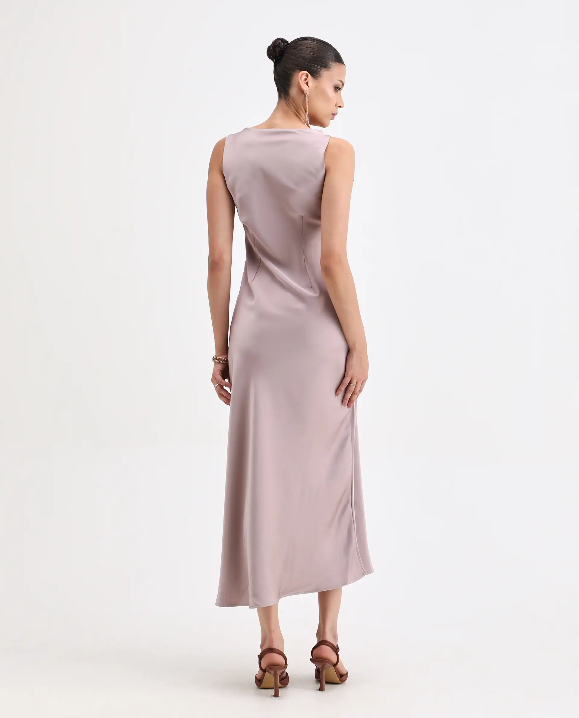 Rareism Women's Zarina Dusky Beige Polyester Cowl Neck Plain Sleeveless Maxi Straight Fit Dress - Image 3