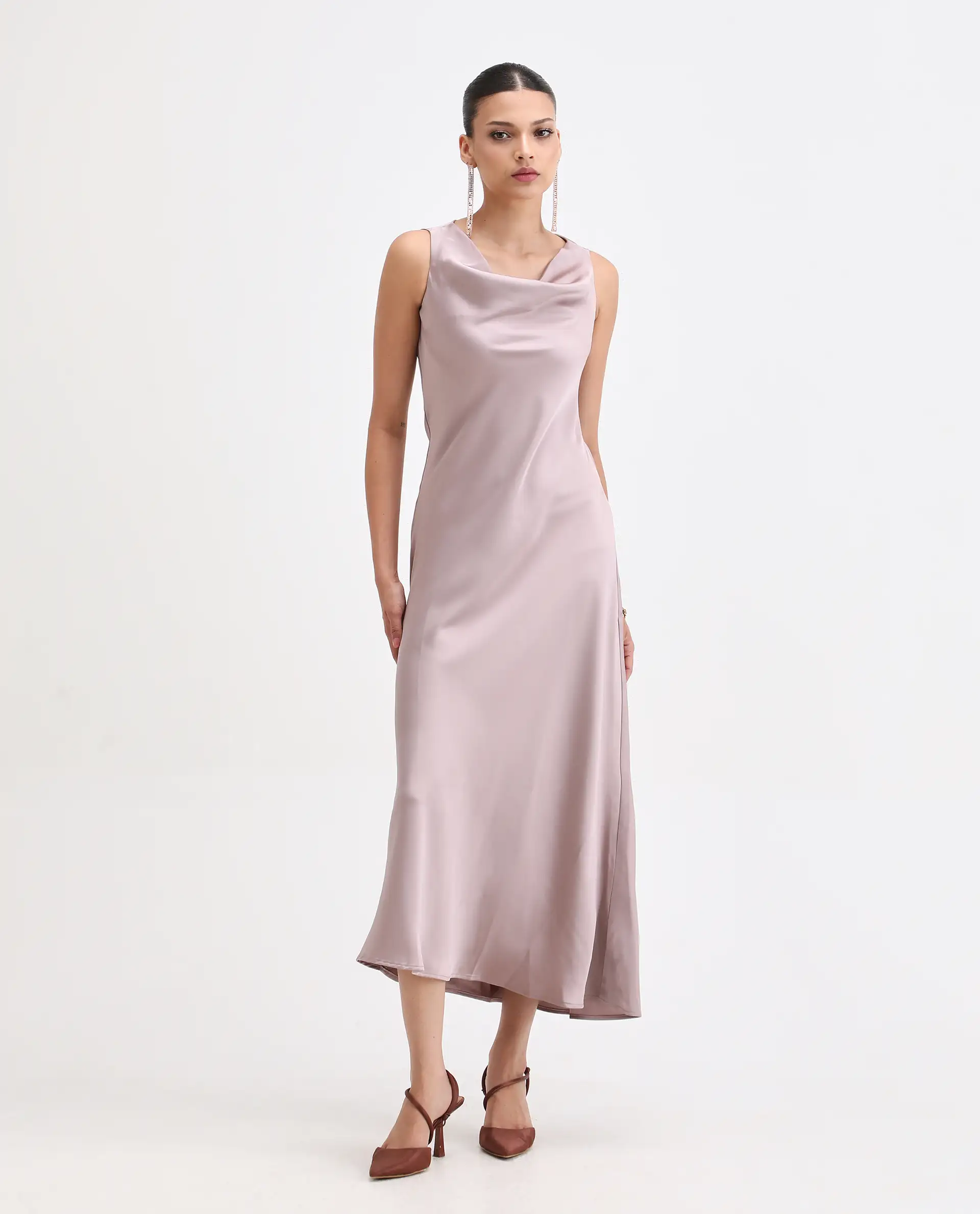 Rareism Women's Zarina Dusky Beige Polyester Cowl Neck Plain Sleeveless Maxi Straight Fit Dress - Image 4