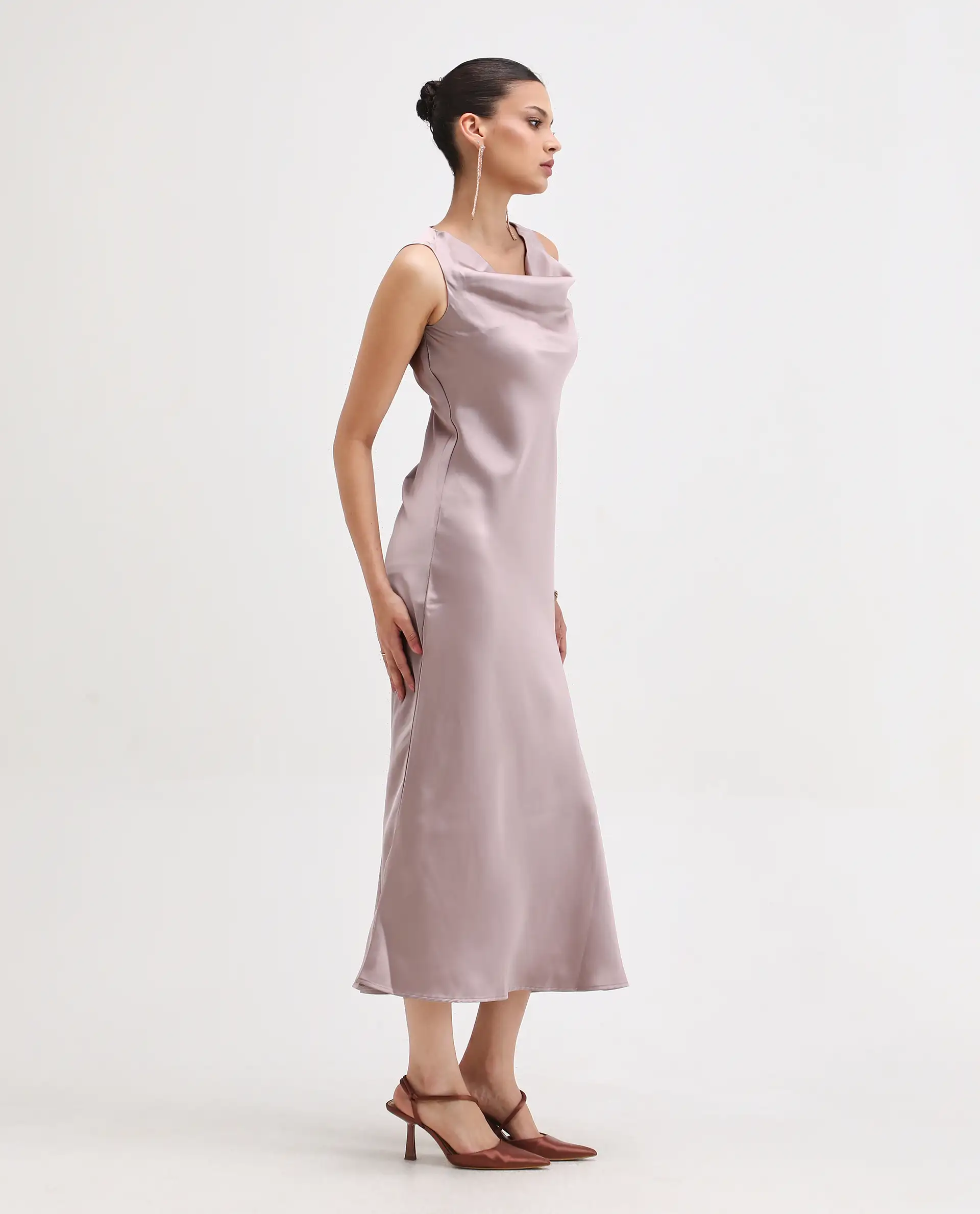 Rareism Women's Zarina Dusky Beige Polyester Cowl Neck Plain Sleeveless Maxi Straight Fit Dress - Image 5