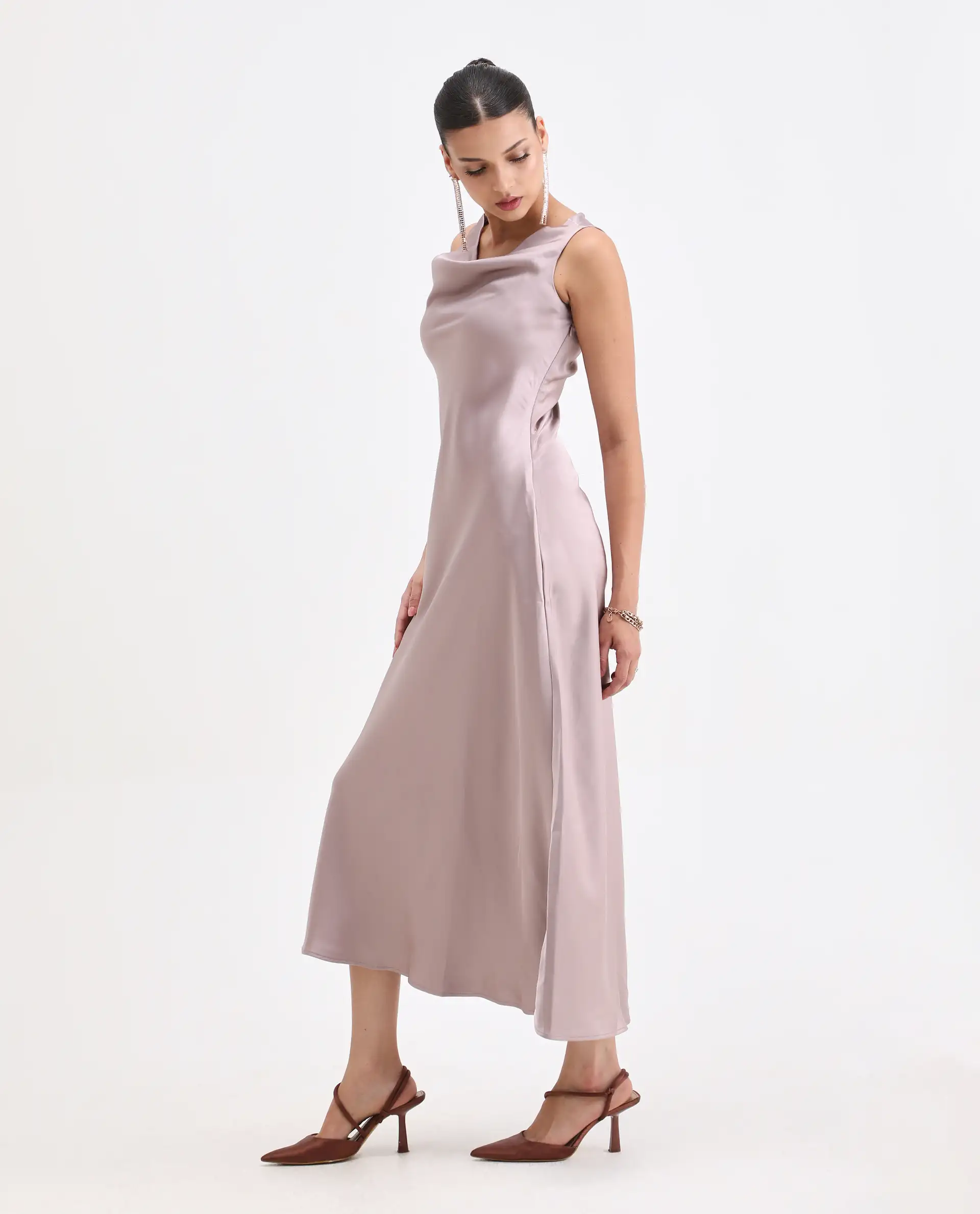 Rareism Women's Zarina Dusky Beige Polyester Cowl Neck Plain Sleeveless Maxi Straight Fit Dress - Image 6