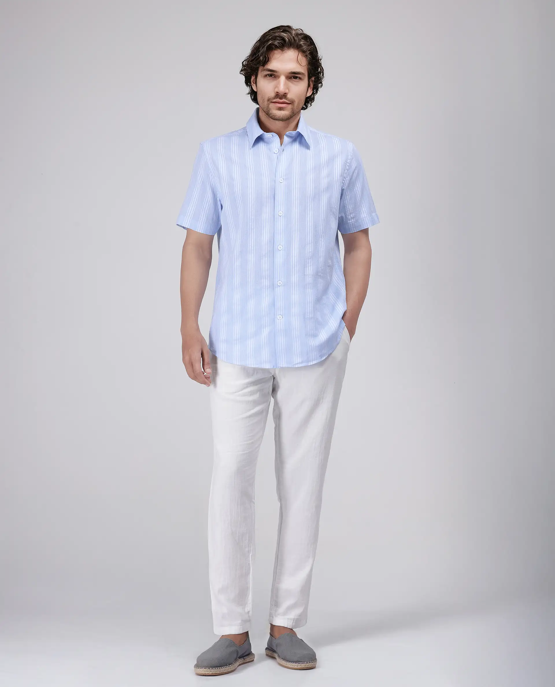 Rare Rabbit Men's Zark Pastel Blue Cotton Striped Print Regular Fit Half Sleeve Collared Shirt - Image 2