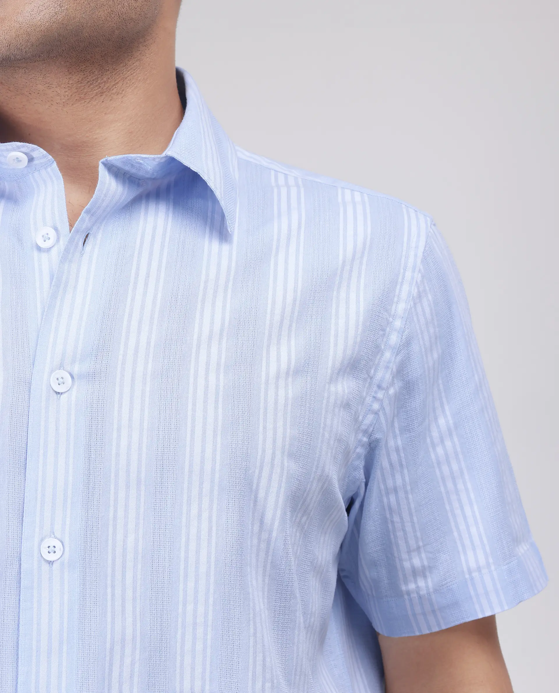 Rare Rabbit Men's Zark Pastel Blue Cotton Striped Print Regular Fit Half Sleeve Collared Shirt - Image 3