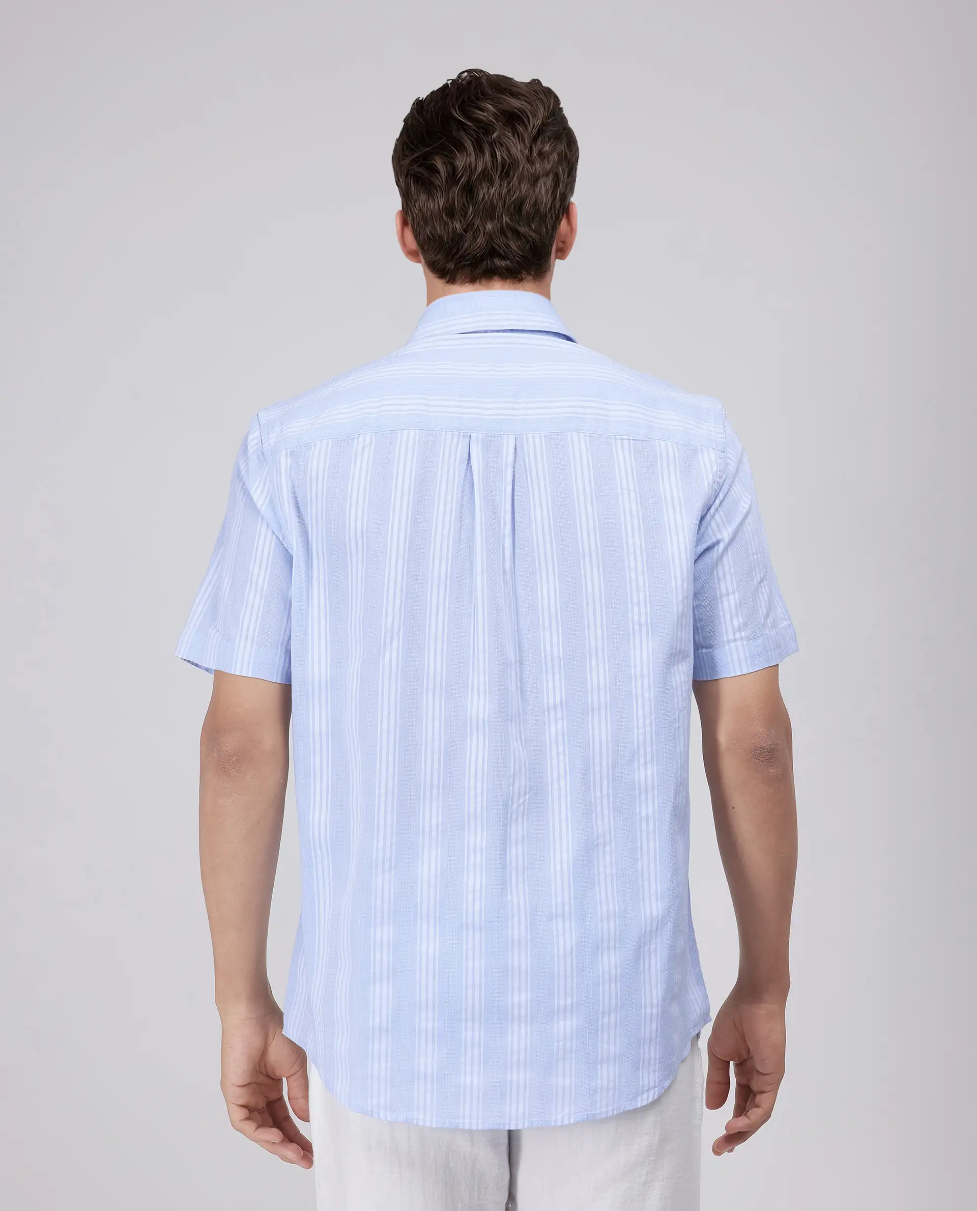 Rare Rabbit Men's Zark Pastel Blue Cotton Striped Print Regular Fit Half Sleeve Collared Shirt - Image 4