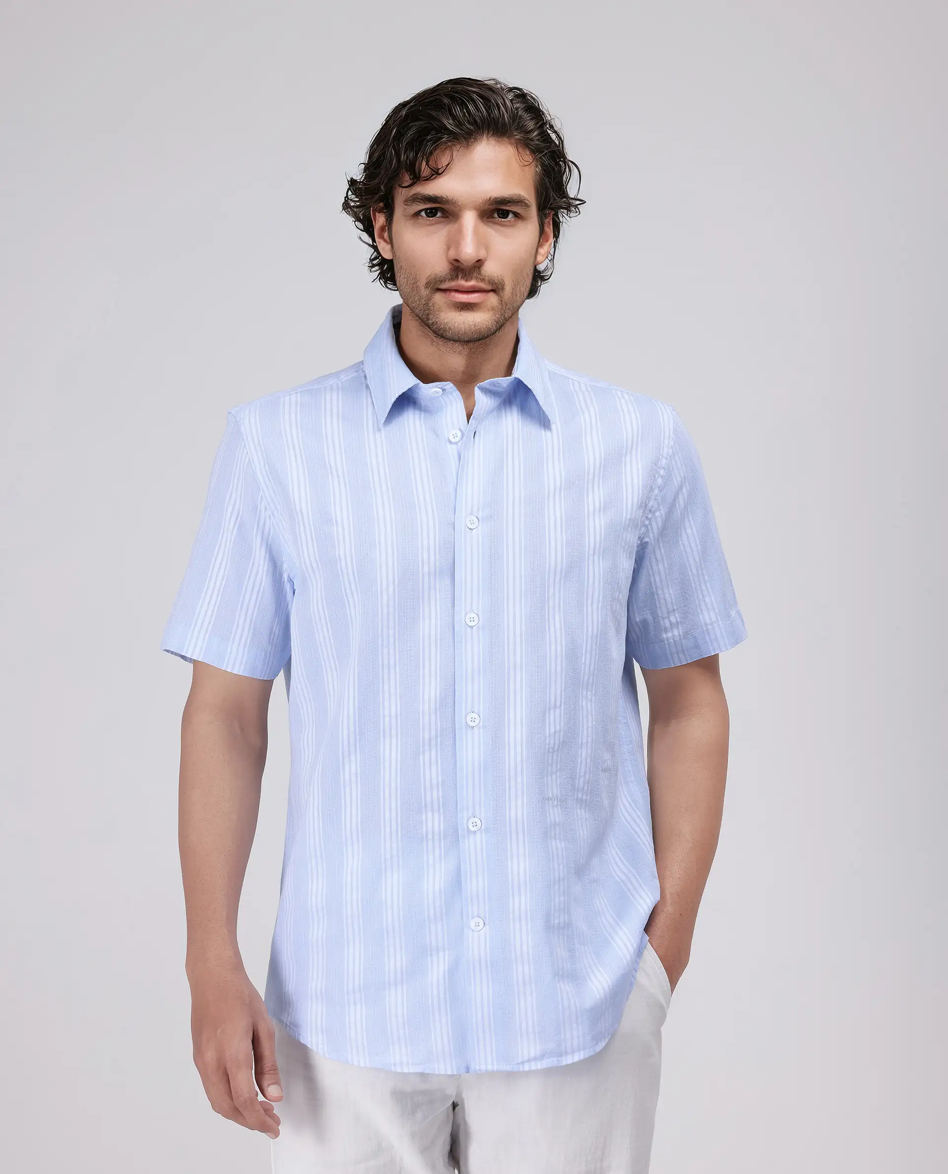 Rare Rabbit Men's Zark Pastel Blue Cotton Striped Print Regular Fit Half Sleeve Collared Shirt - Image 5