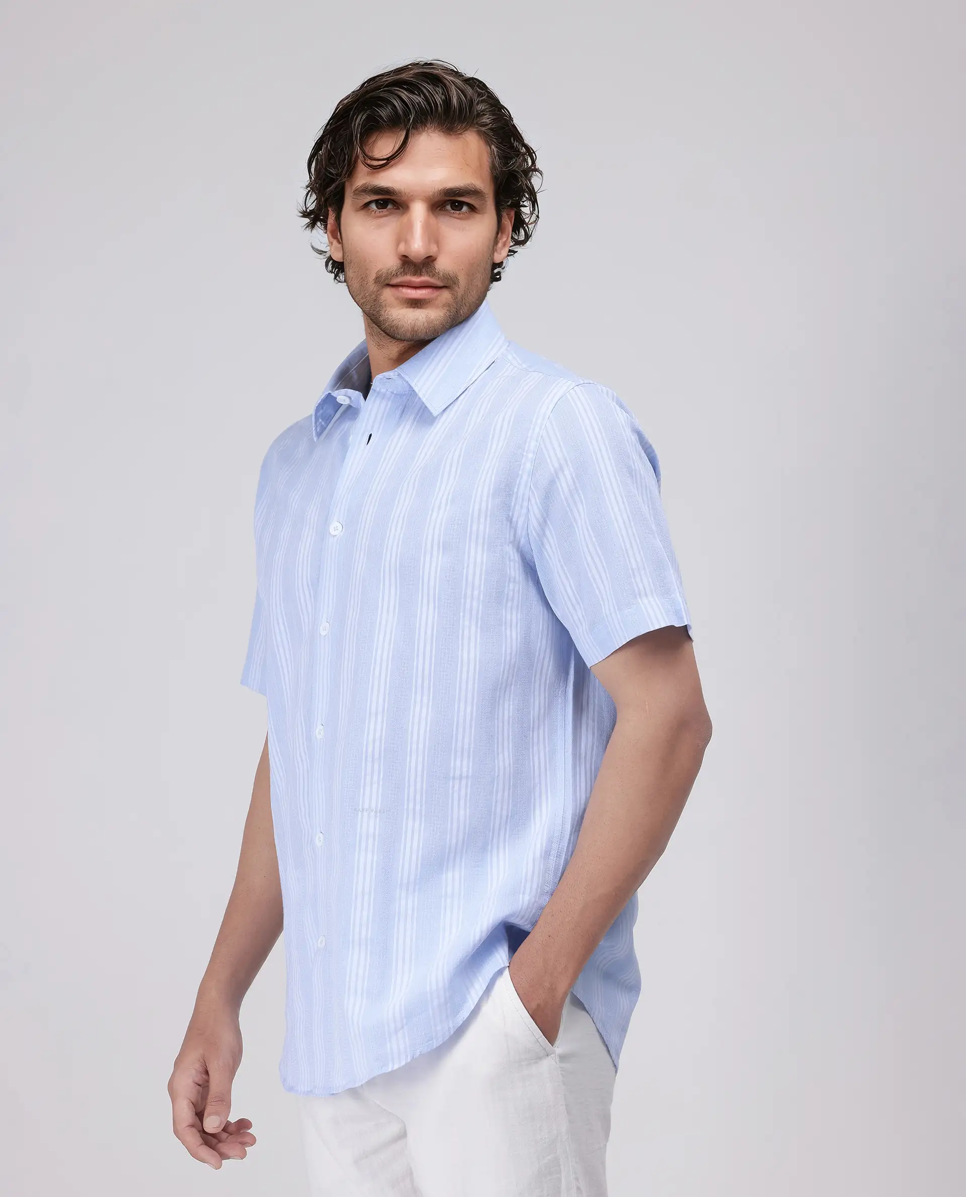 Rare Rabbit Men's Zark Pastel Blue Cotton Striped Print Regular Fit Half Sleeve Collared Shirt - Image 6