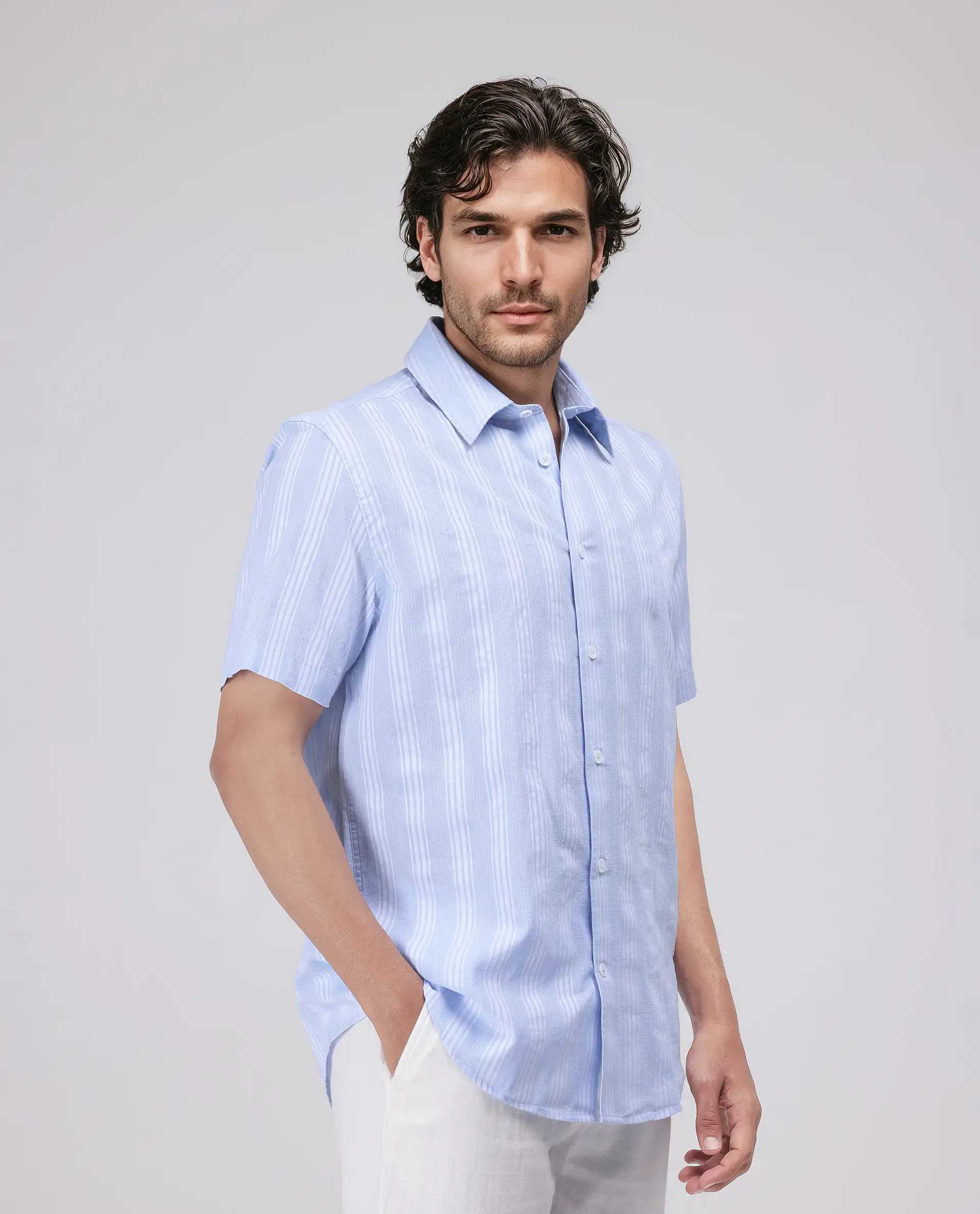 Rare Rabbit Men's Zark Pastel Blue Cotton Striped Print Regular Fit Half Sleeve Collared Shirt - Image 7