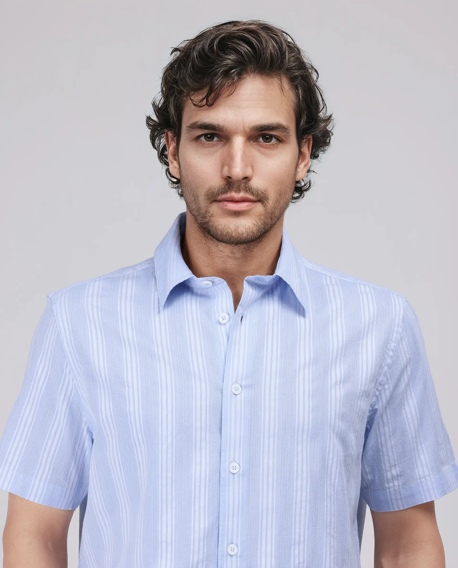 Rare Rabbit Men's Zark Pastel Blue Cotton Striped Print Regular Fit Half Sleeve Collared Shirt - Image 8