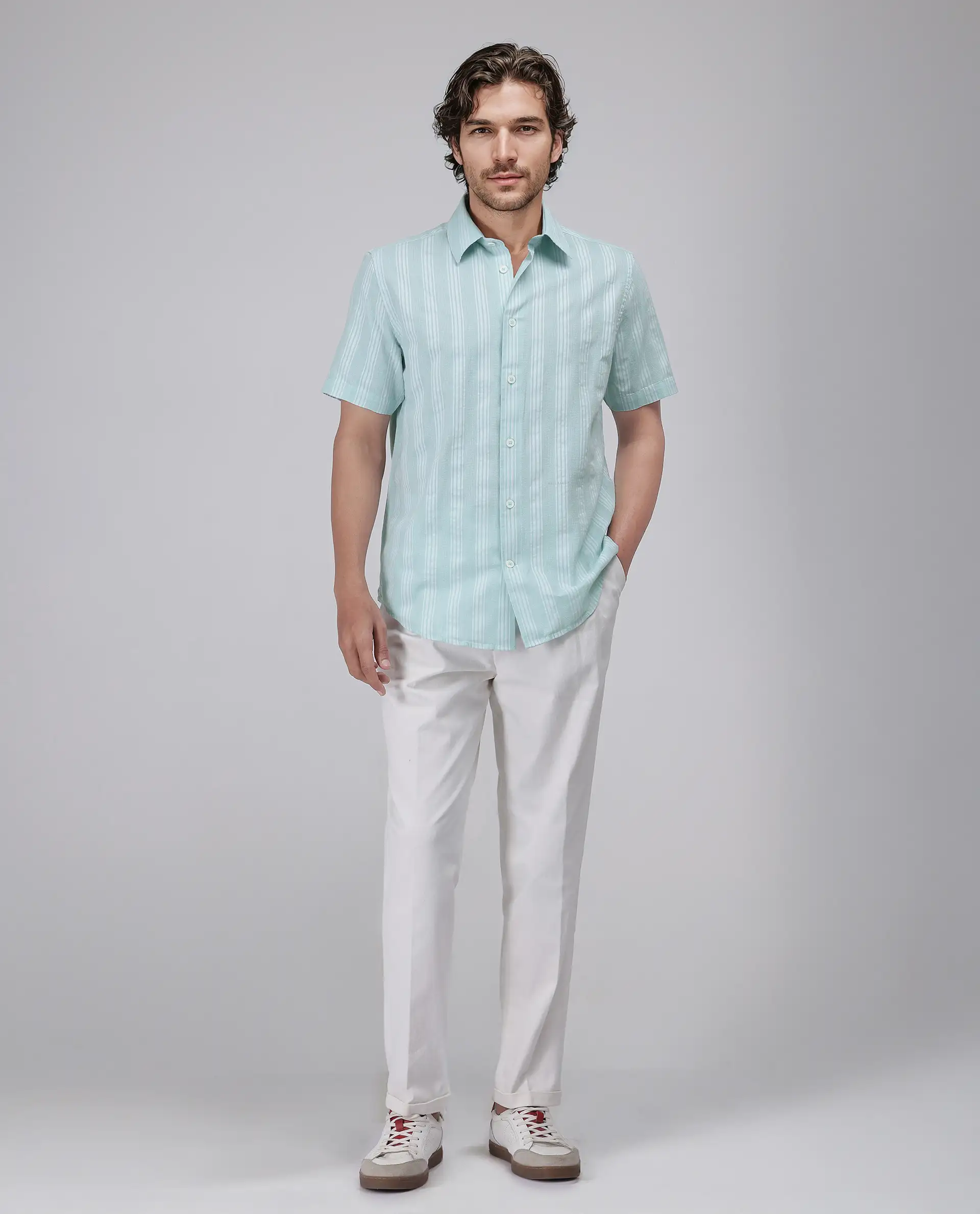 Rare Rabbit Men's Zark Pastel Green Cotton Striped Print Regular Fit Half Sleeve Collared Shirt - Image 2