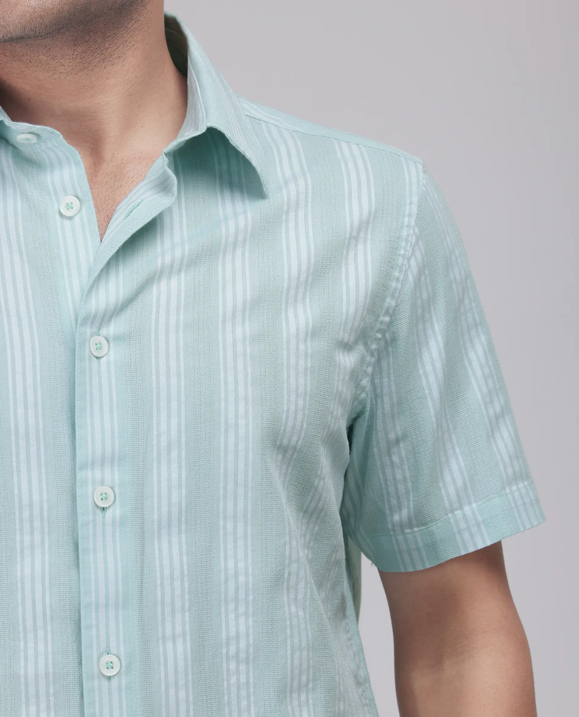 Rare Rabbit Men's Zark Pastel Green Cotton Striped Print Regular Fit Half Sleeve Collared Shirt - Image 3