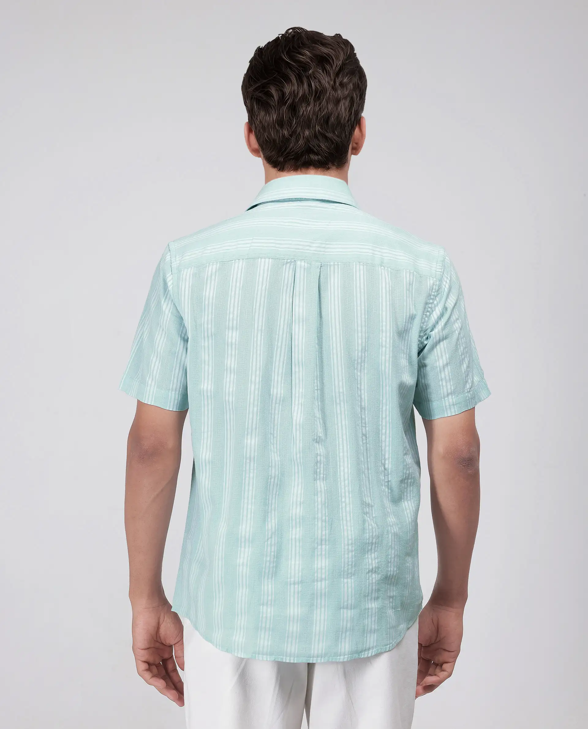 Rare Rabbit Men's Zark Pastel Green Cotton Striped Print Regular Fit Half Sleeve Collared Shirt - Image 4