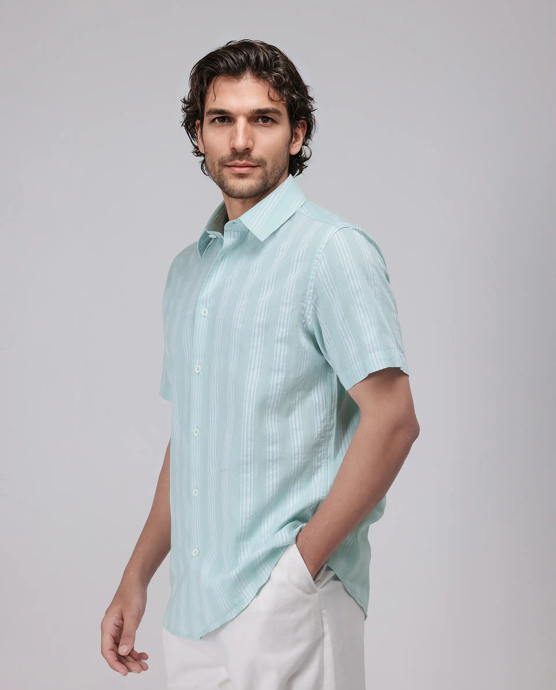 Rare Rabbit Men's Zark Pastel Green Cotton Striped Print Regular Fit Half Sleeve Collared Shirt - Image 5