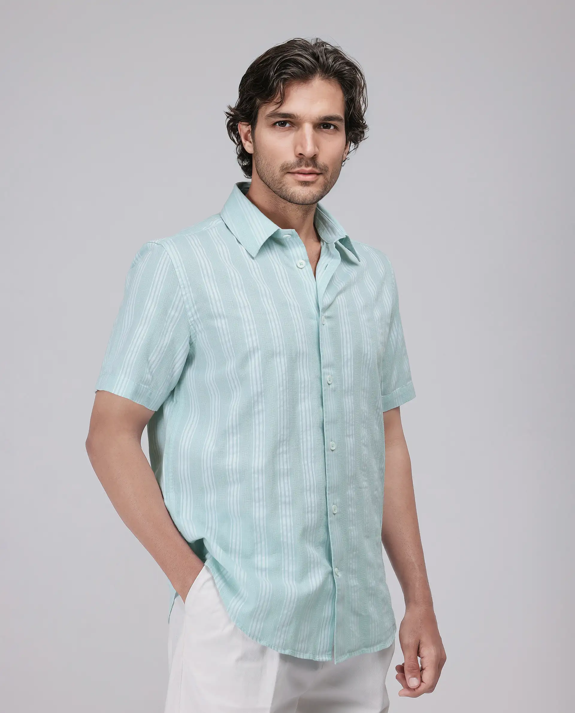 Rare Rabbit Men's Zark Pastel Green Cotton Striped Print Regular Fit Half Sleeve Collared Shirt - Image 6