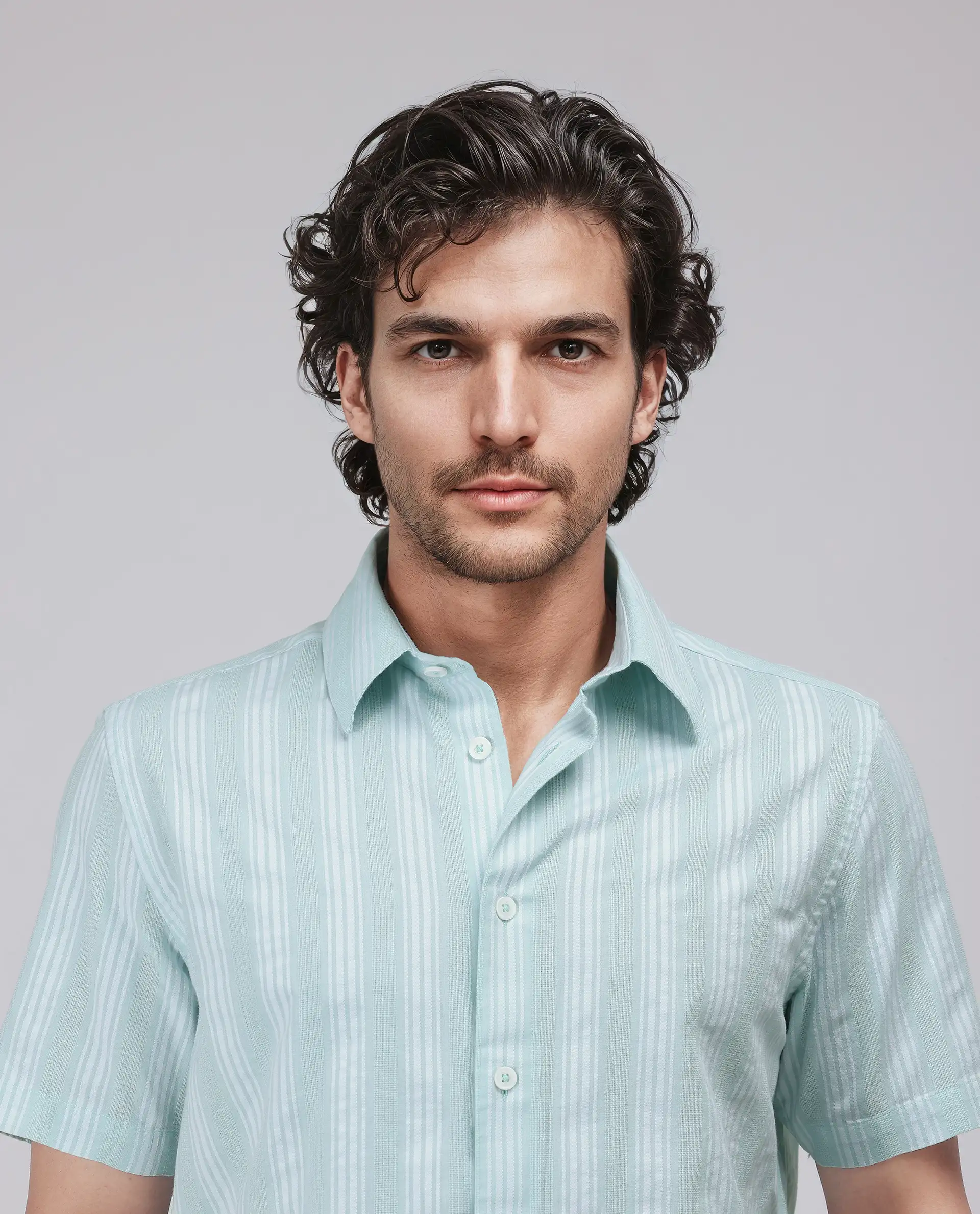 Rare Rabbit Men's Zark Pastel Green Cotton Striped Print Regular Fit Half Sleeve Collared Shirt - Image 7