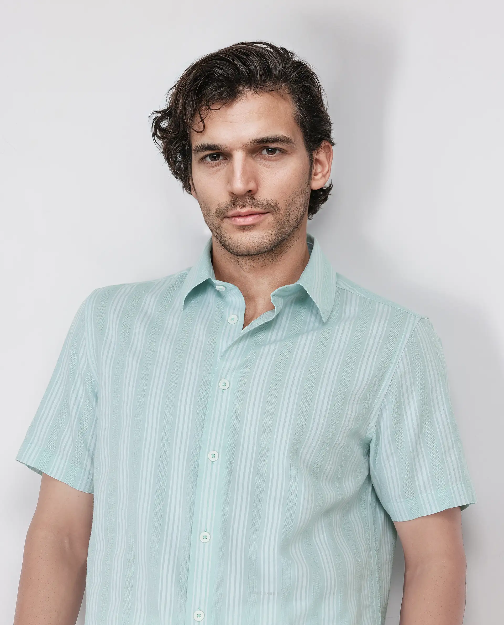Rare Rabbit Men's Zark Pastel Green Cotton Striped Print Regular Fit Half Sleeve Collared Shirt - Image 8
