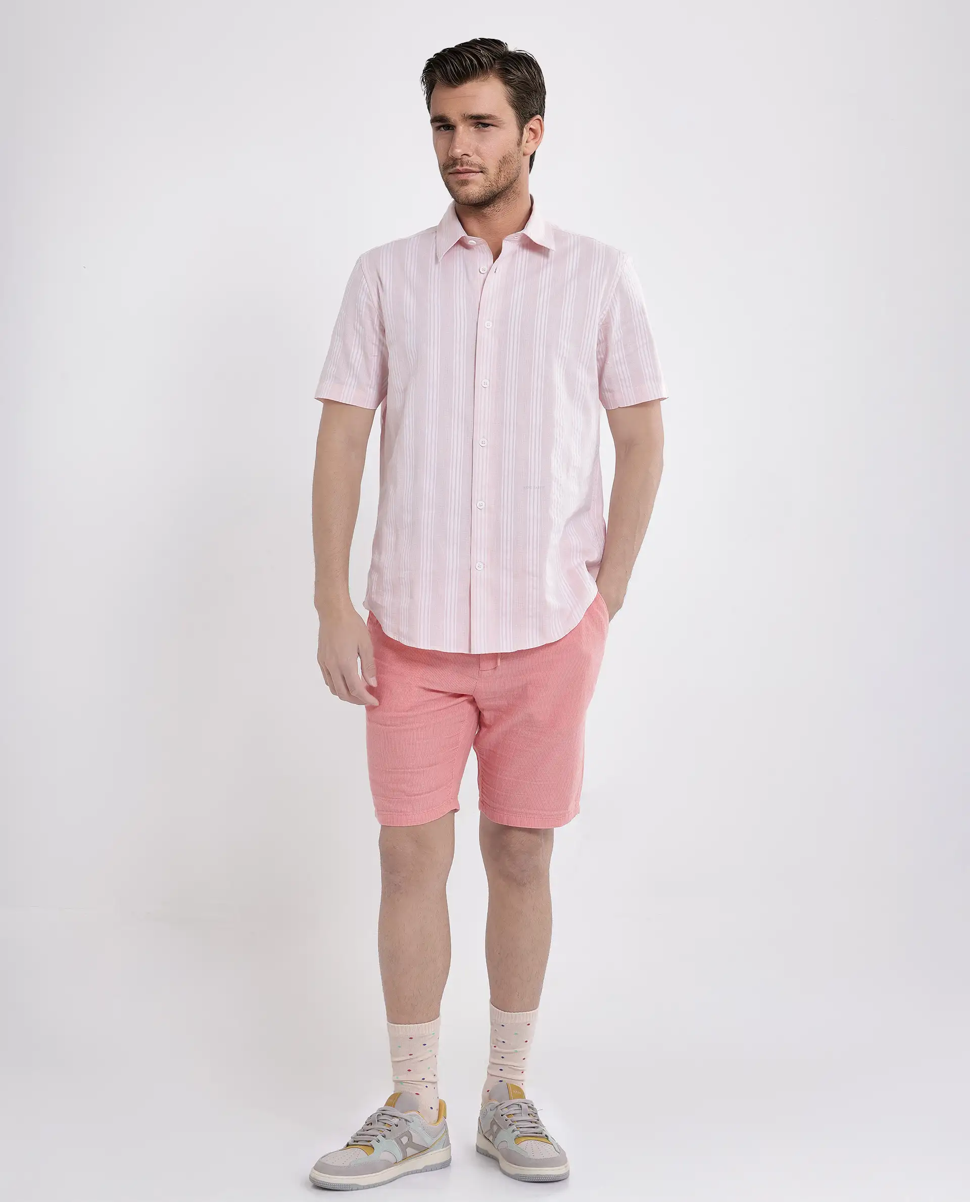 Rare Rabbit Men's Zark Pastel Peach Cotton Striped Print Regular Fit Half Sleeve Collared Shirt - Image 2