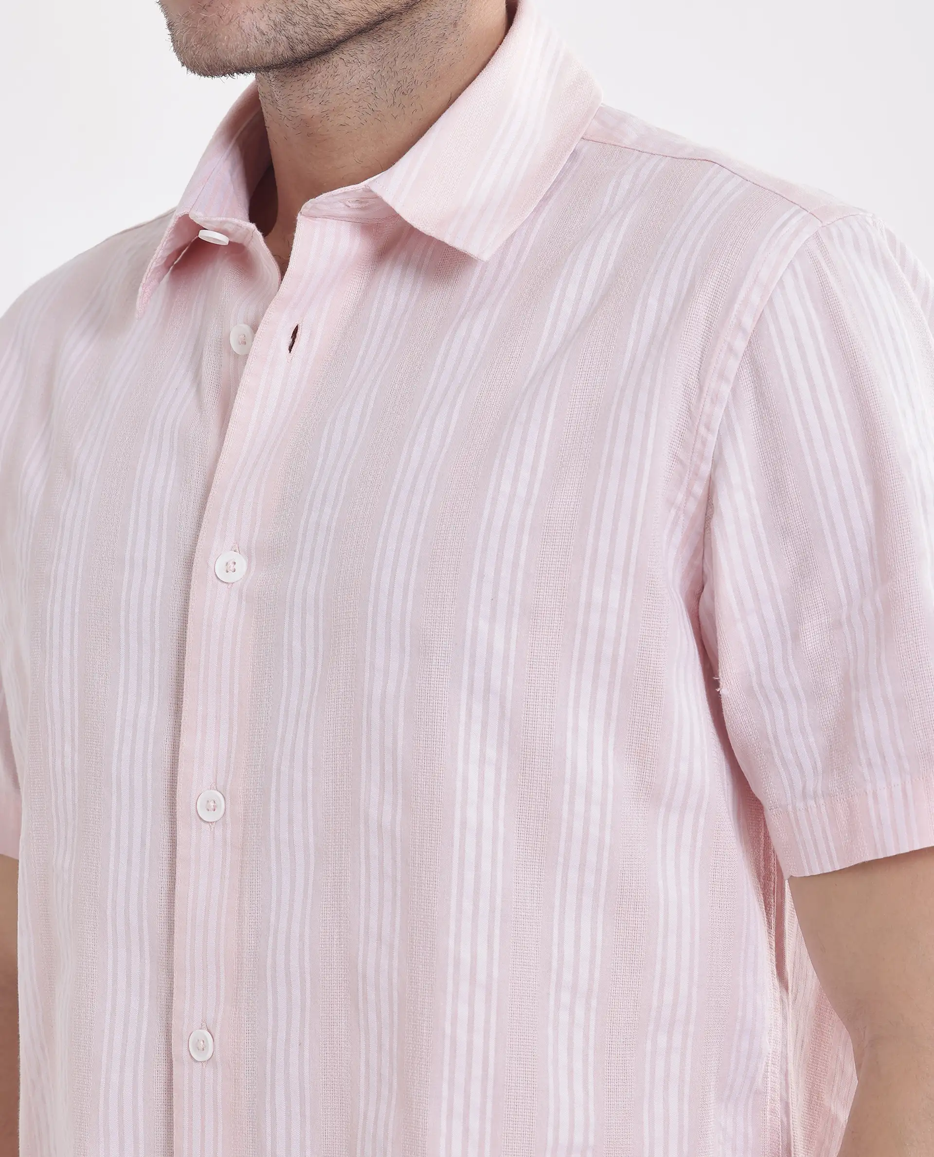 Rare Rabbit Men's Zark Pastel Peach Cotton Striped Print Regular Fit Half Sleeve Collared Shirt - Image 3