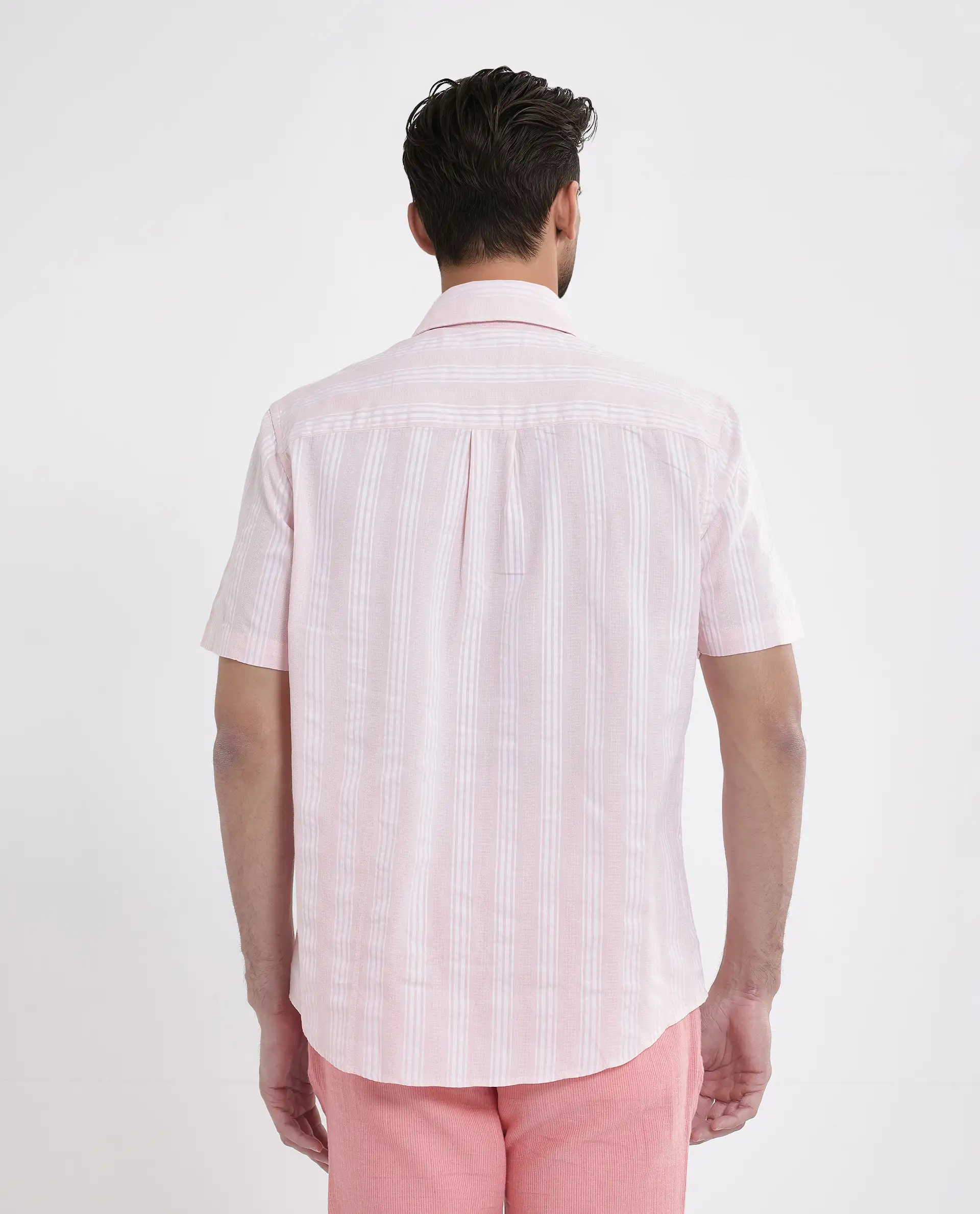 Rare Rabbit Men's Zark Pastel Peach Cotton Striped Print Regular Fit Half Sleeve Collared Shirt - Image 4