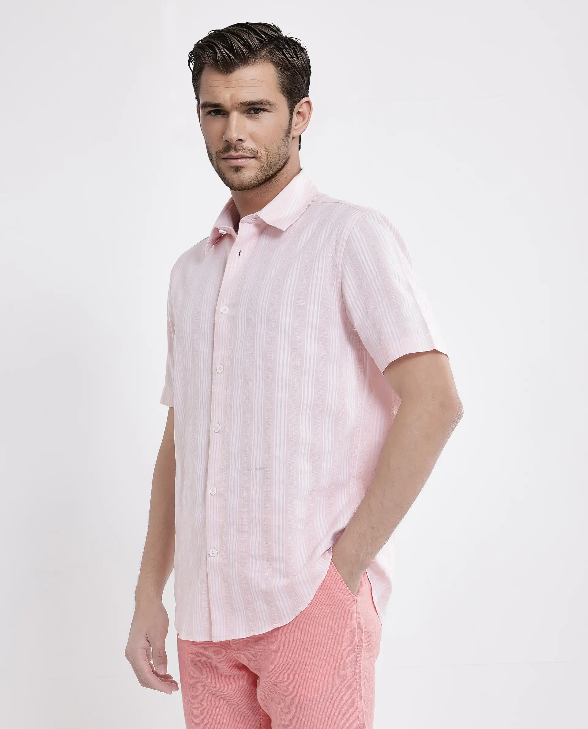 Rare Rabbit Men's Zark Pastel Peach Cotton Striped Print Regular Fit Half Sleeve Collared Shirt - Image 5