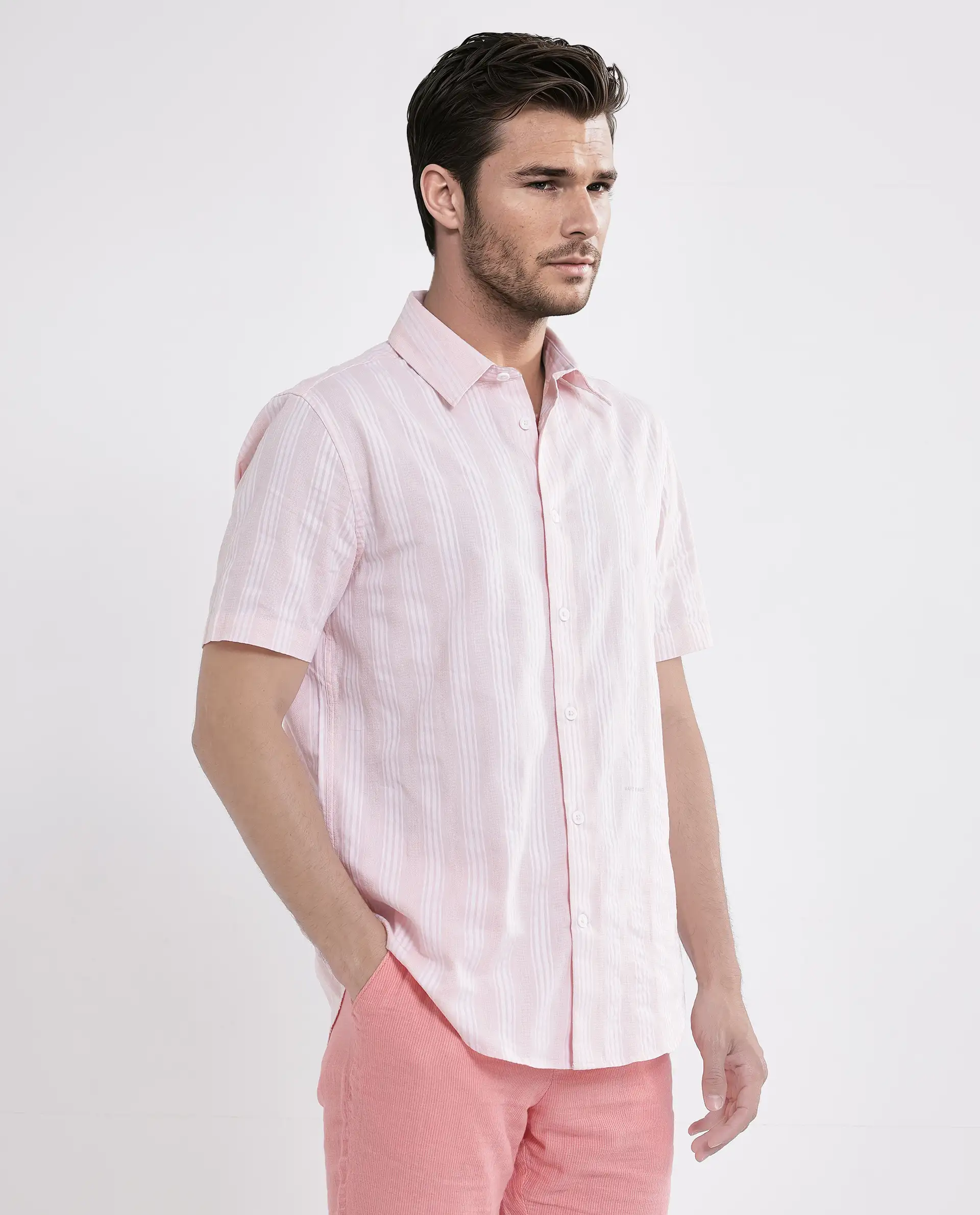 Rare Rabbit Men's Zark Pastel Peach Cotton Striped Print Regular Fit Half Sleeve Collared Shirt - Image 6