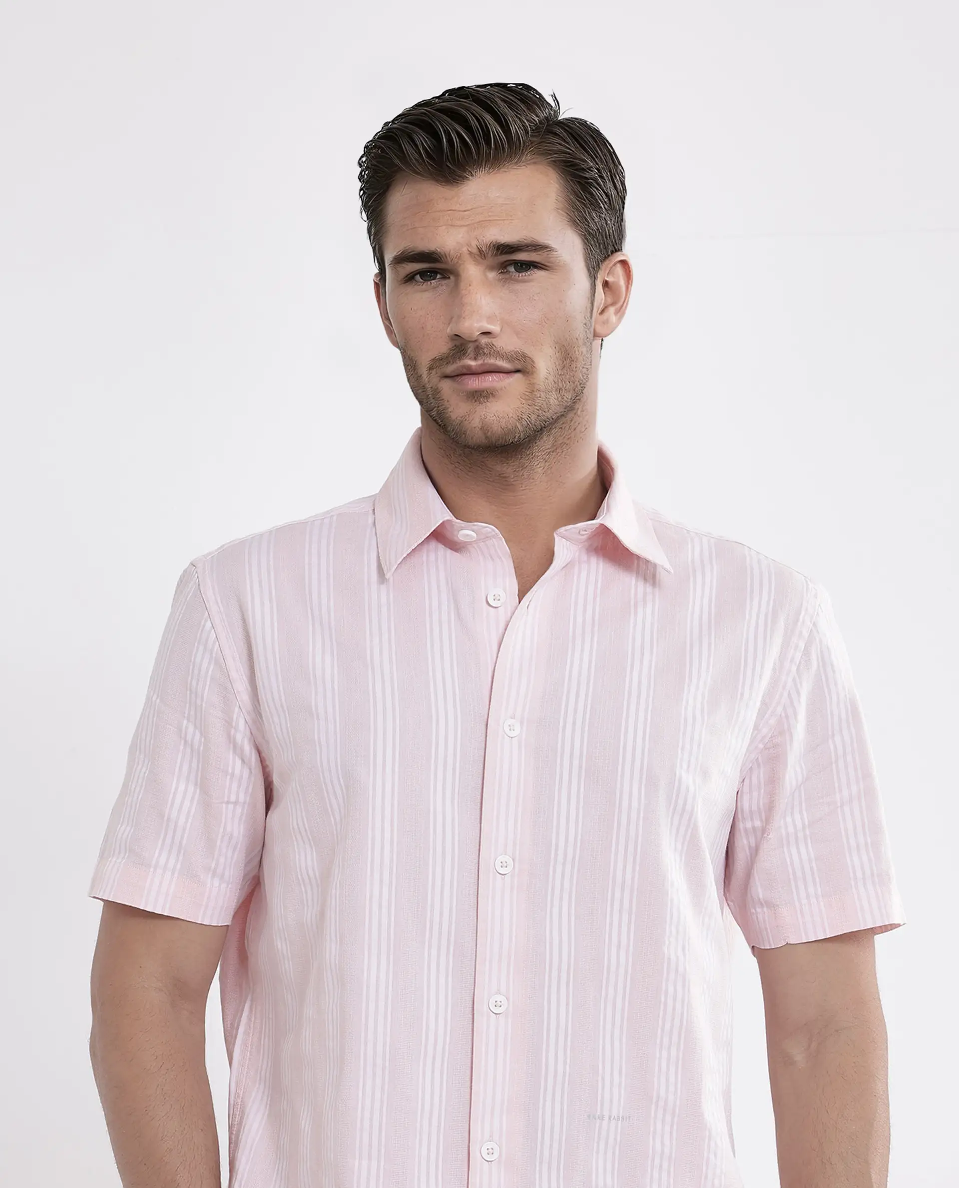 Rare Rabbit Men's Zark Pastel Peach Cotton Striped Print Regular Fit Half Sleeve Collared Shirt - Image 7