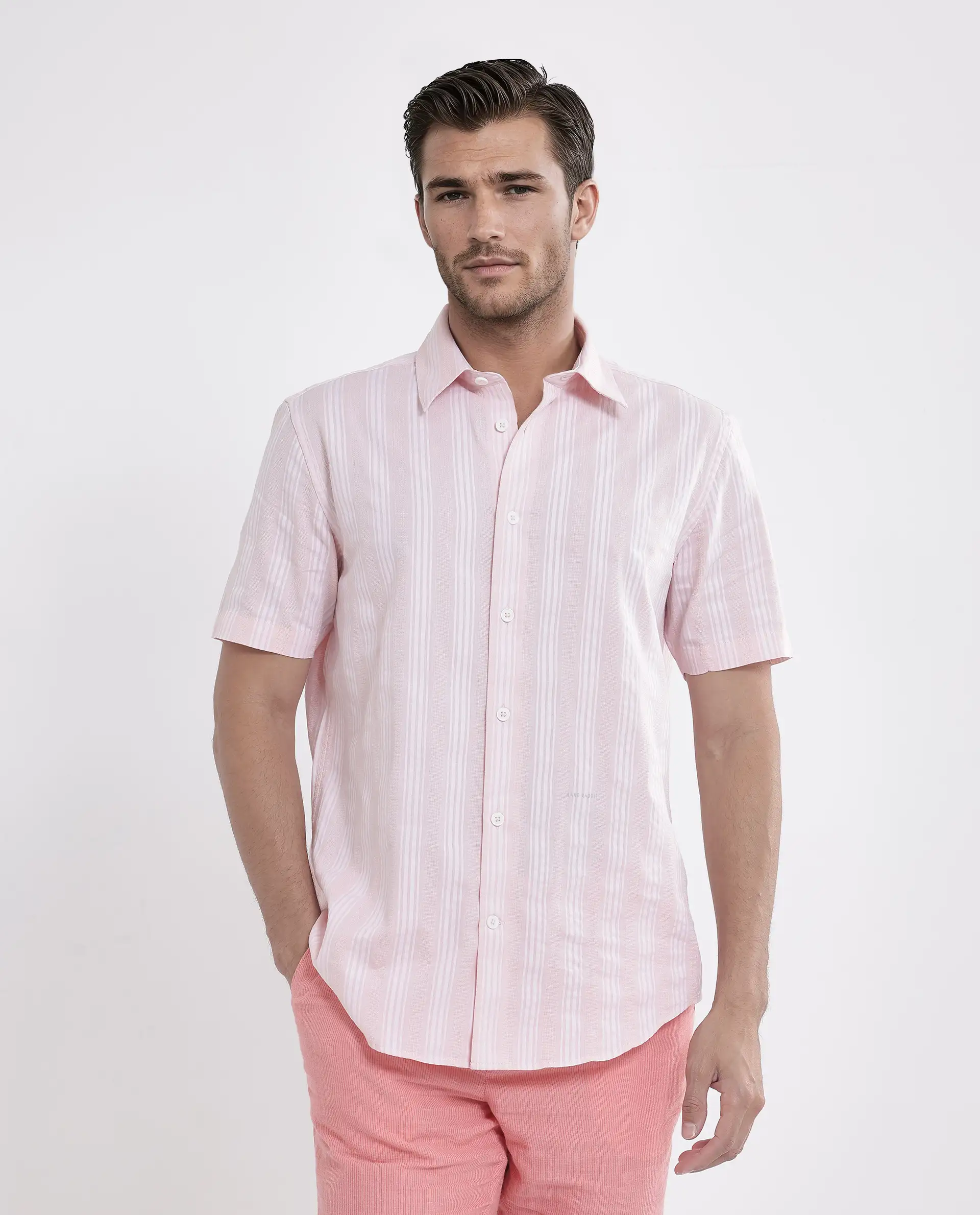 Rare Rabbit Men's Zark Pastel Peach Cotton Striped Print Regular Fit Half Sleeve Collared Shirt - Image 8