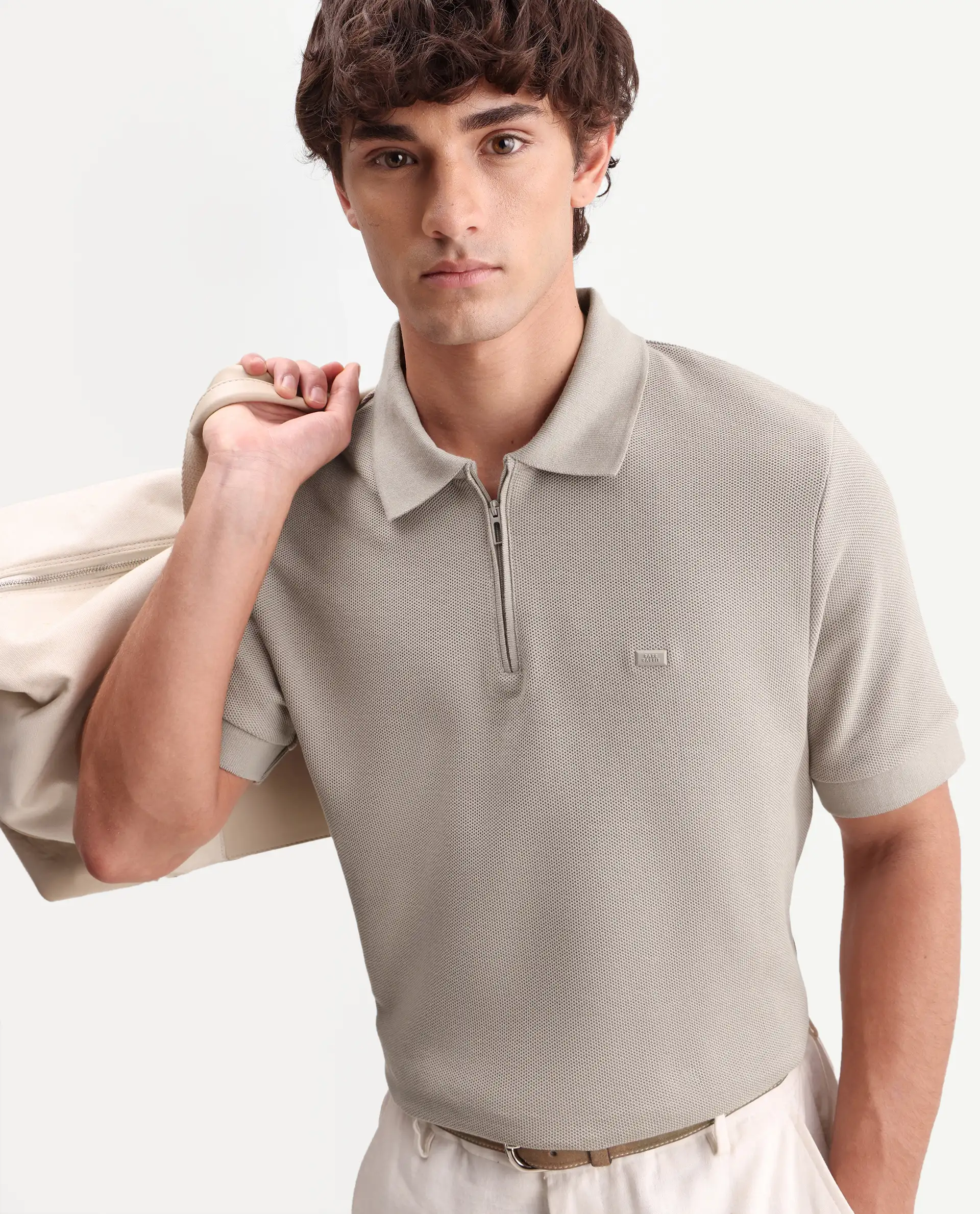 Rare Rabbit Men's Zaron Dusky Beige Cotton Fabric Half Sleeve Spread Collar Regular Fit Plain Polo