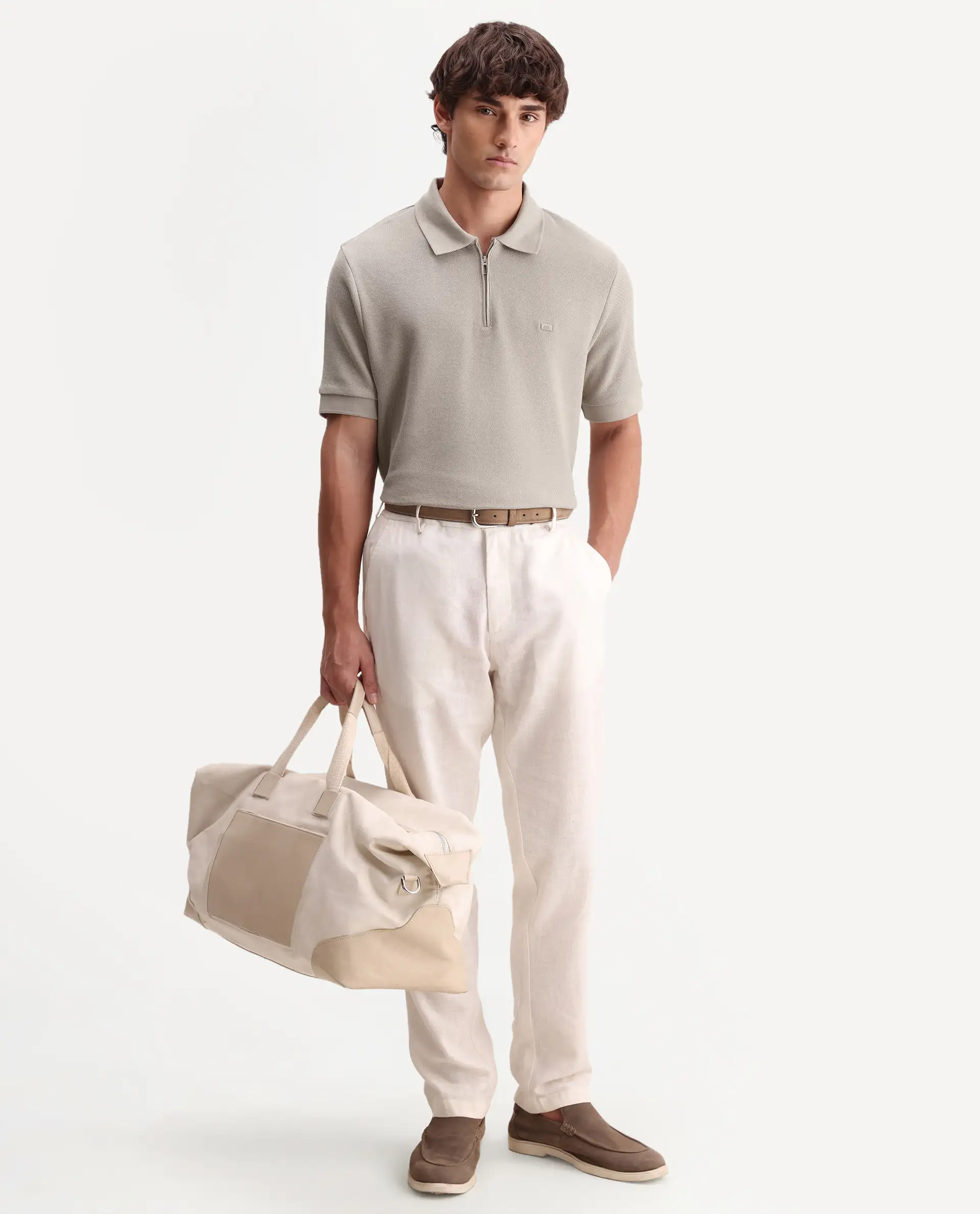Rare Rabbit Men's Zaron Dusky Beige Cotton Fabric Half Sleeve Spread Collar Regular Fit Plain Polo - Image 2