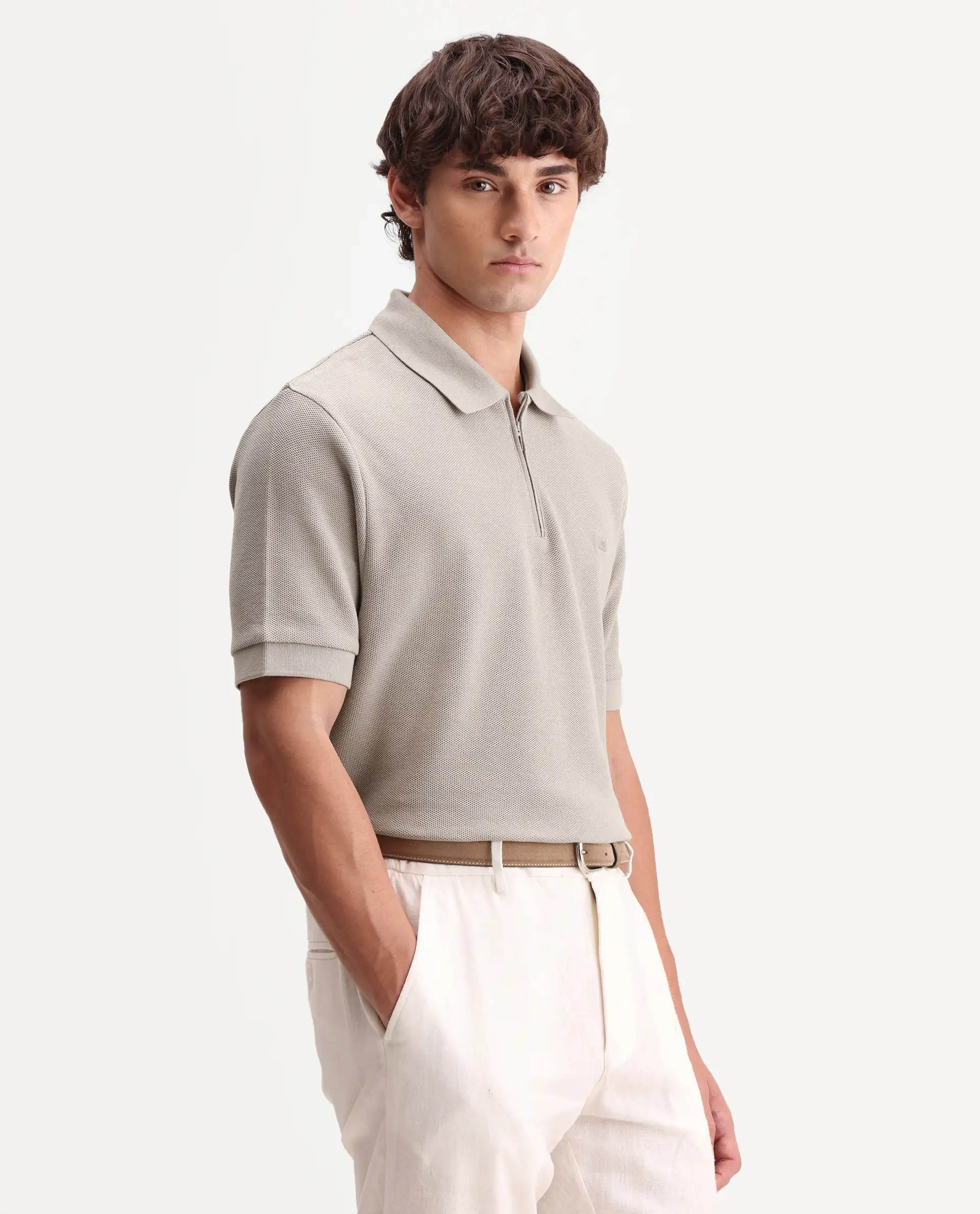 Rare Rabbit Men's Zaron Dusky Beige Cotton Fabric Half Sleeve Spread Collar Regular Fit Plain Polo - Image 4
