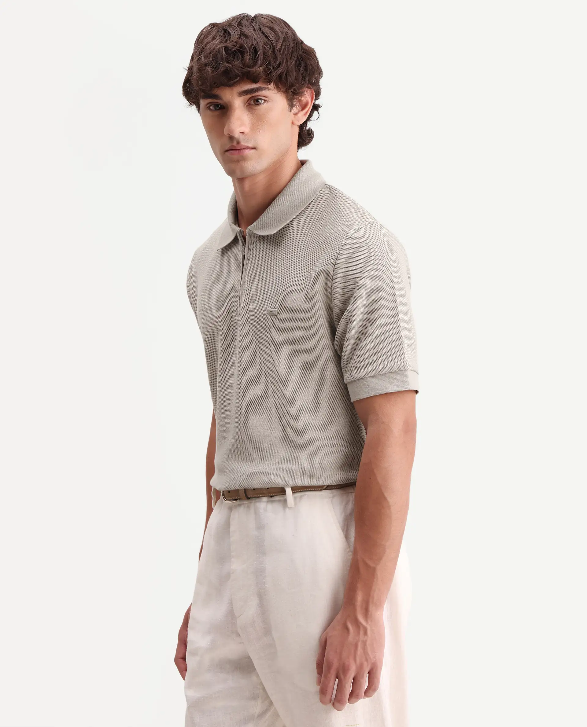 Rare Rabbit Men's Zaron Dusky Beige Cotton Fabric Half Sleeve Spread Collar Regular Fit Plain Polo - Image 5