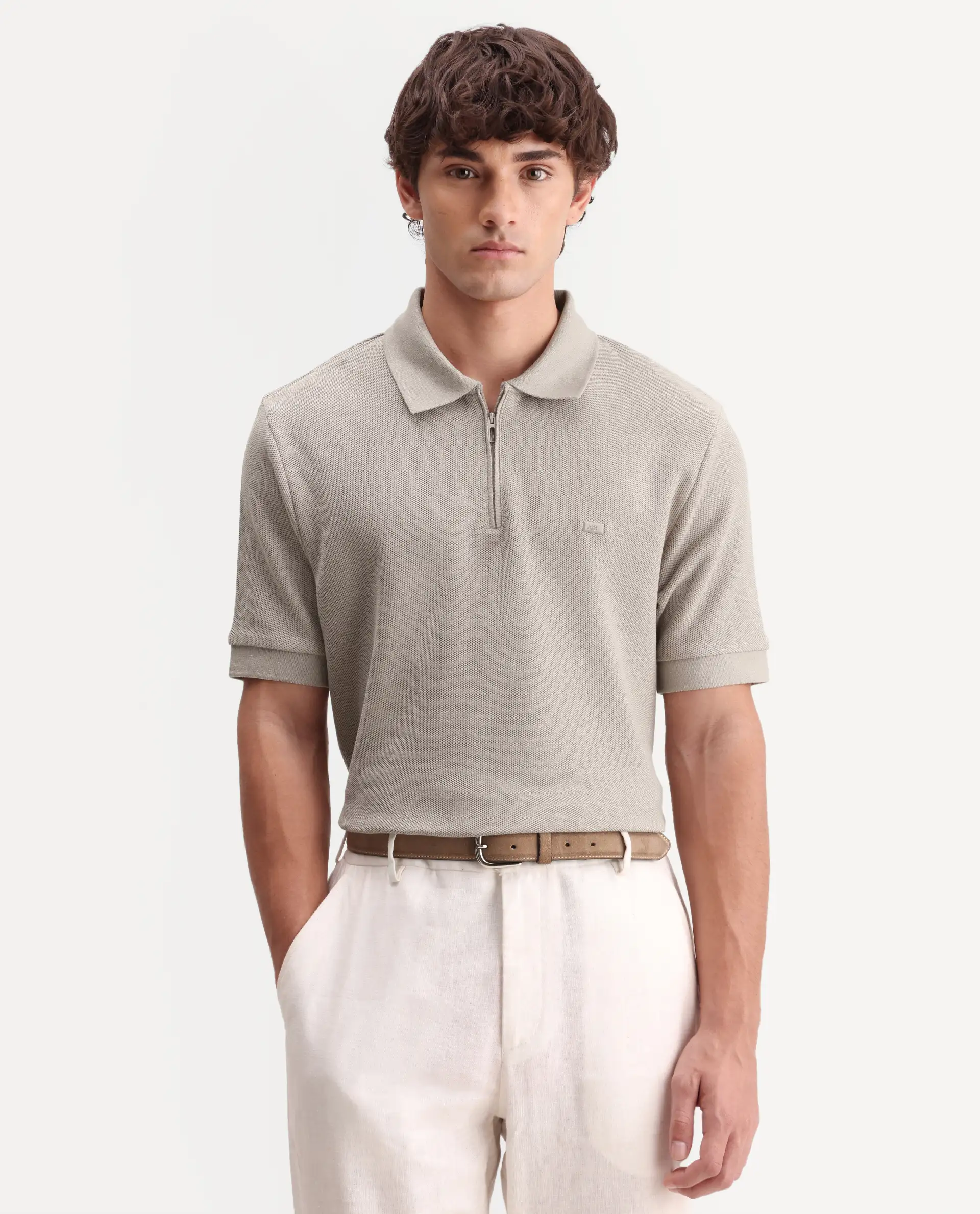 Rare Rabbit Men's Zaron Dusky Beige Cotton Fabric Half Sleeve Spread Collar Regular Fit Plain Polo - Image 6