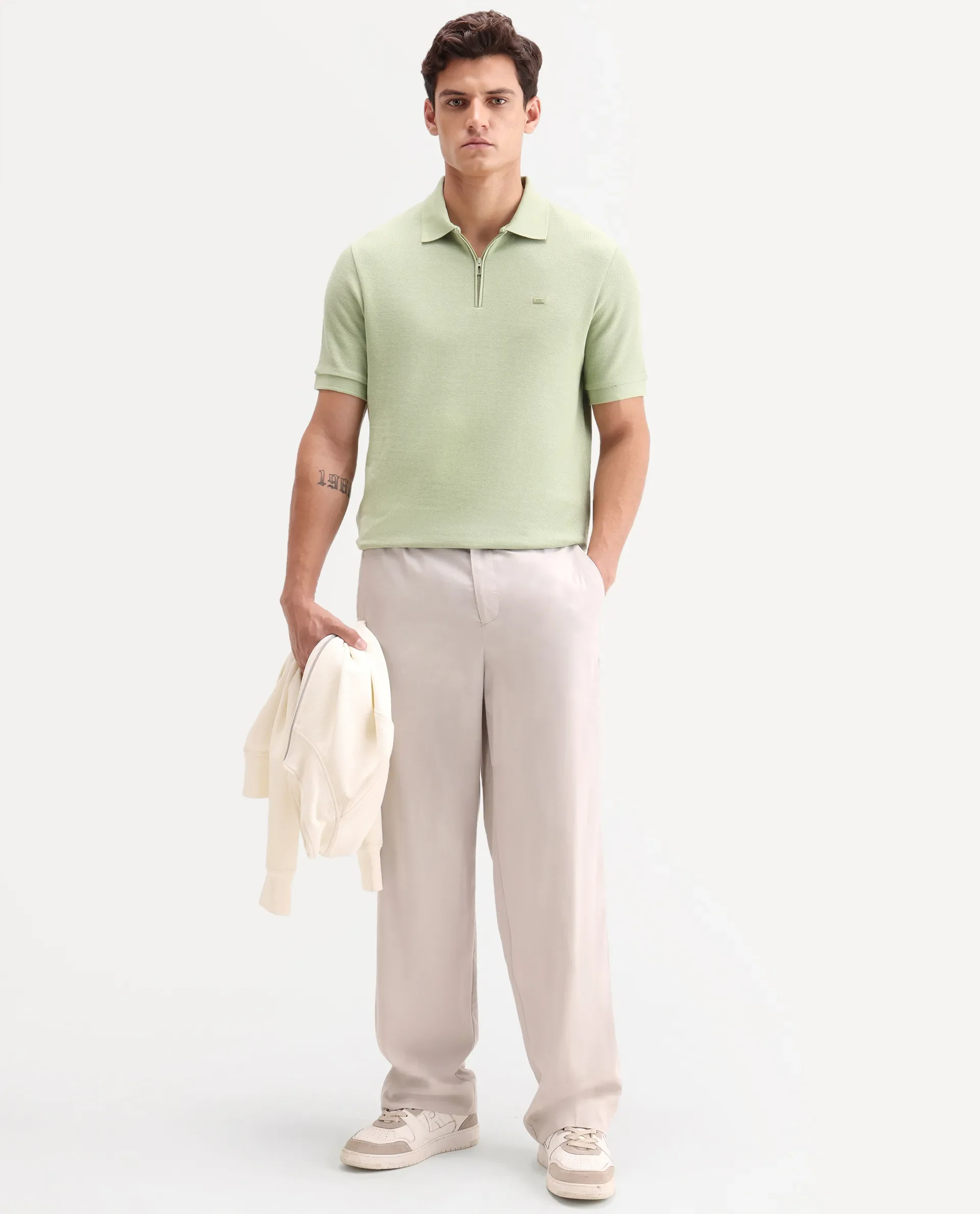 Rare Rabbit Men's Zaron Pastel Green Cotton Fabric Half Sleeve Spread Collar Regular Fit Plain Polo - Image 2
