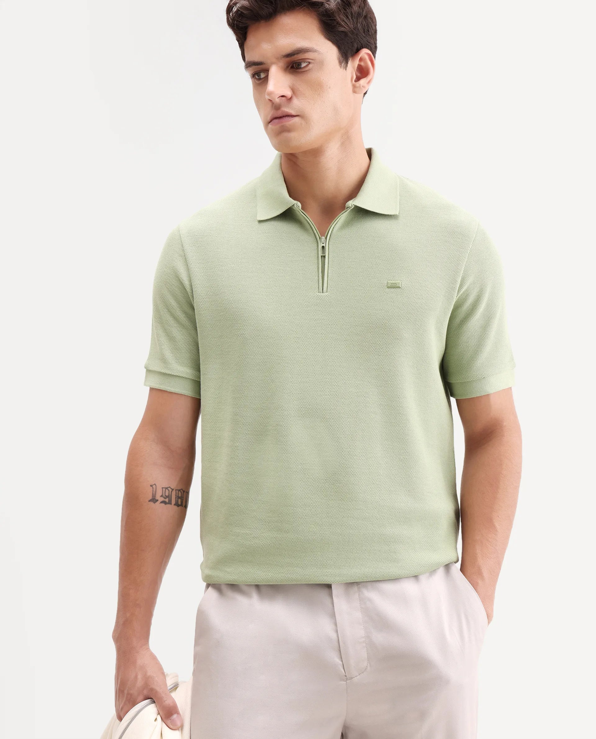 Rare Rabbit Men's Zaron Pastel Green Cotton Fabric Half Sleeve Spread Collar Regular Fit Plain Polo - Image 3