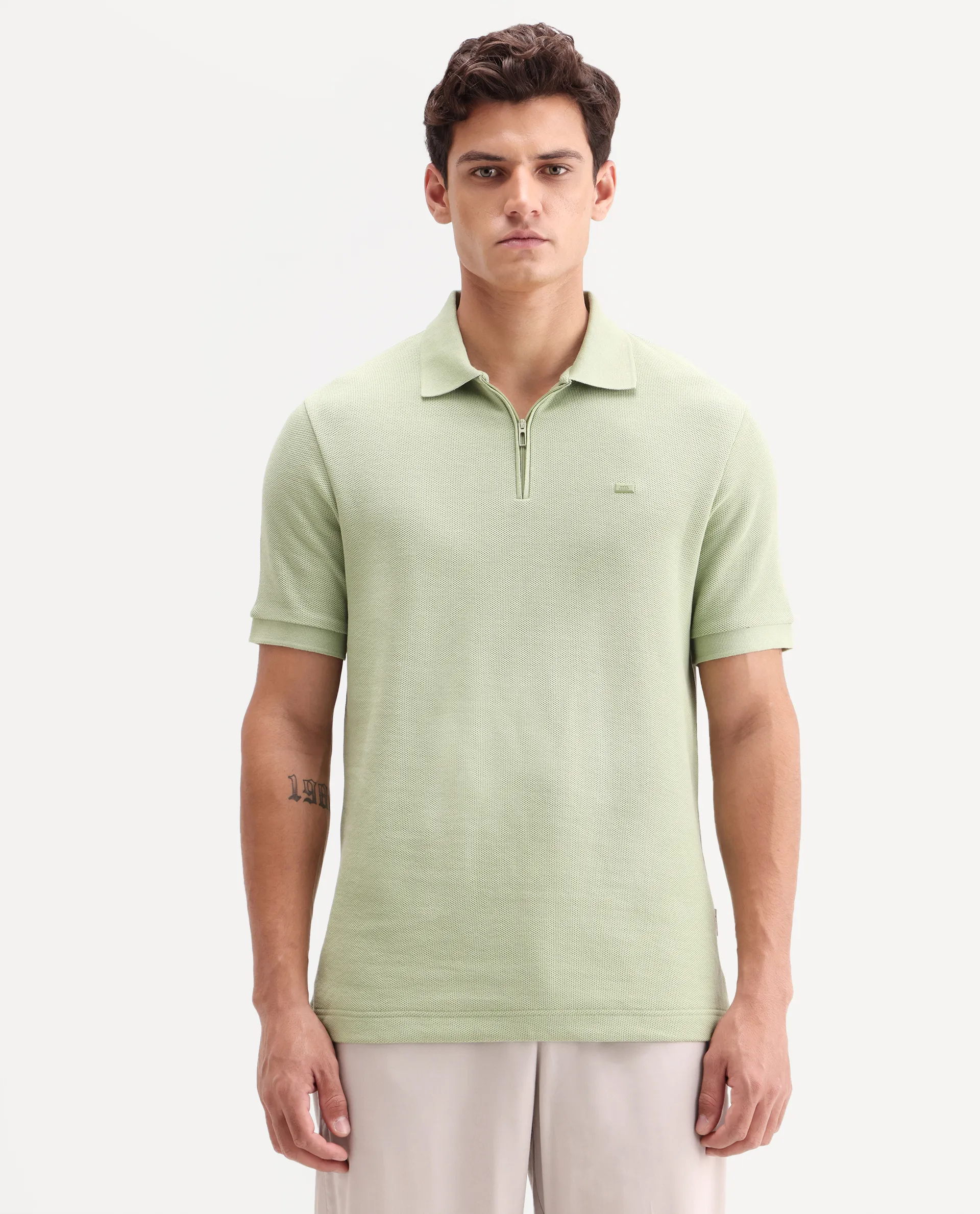 Rare Rabbit Men's Zaron Pastel Green Cotton Fabric Half Sleeve Spread Collar Regular Fit Plain Polo - Image 4