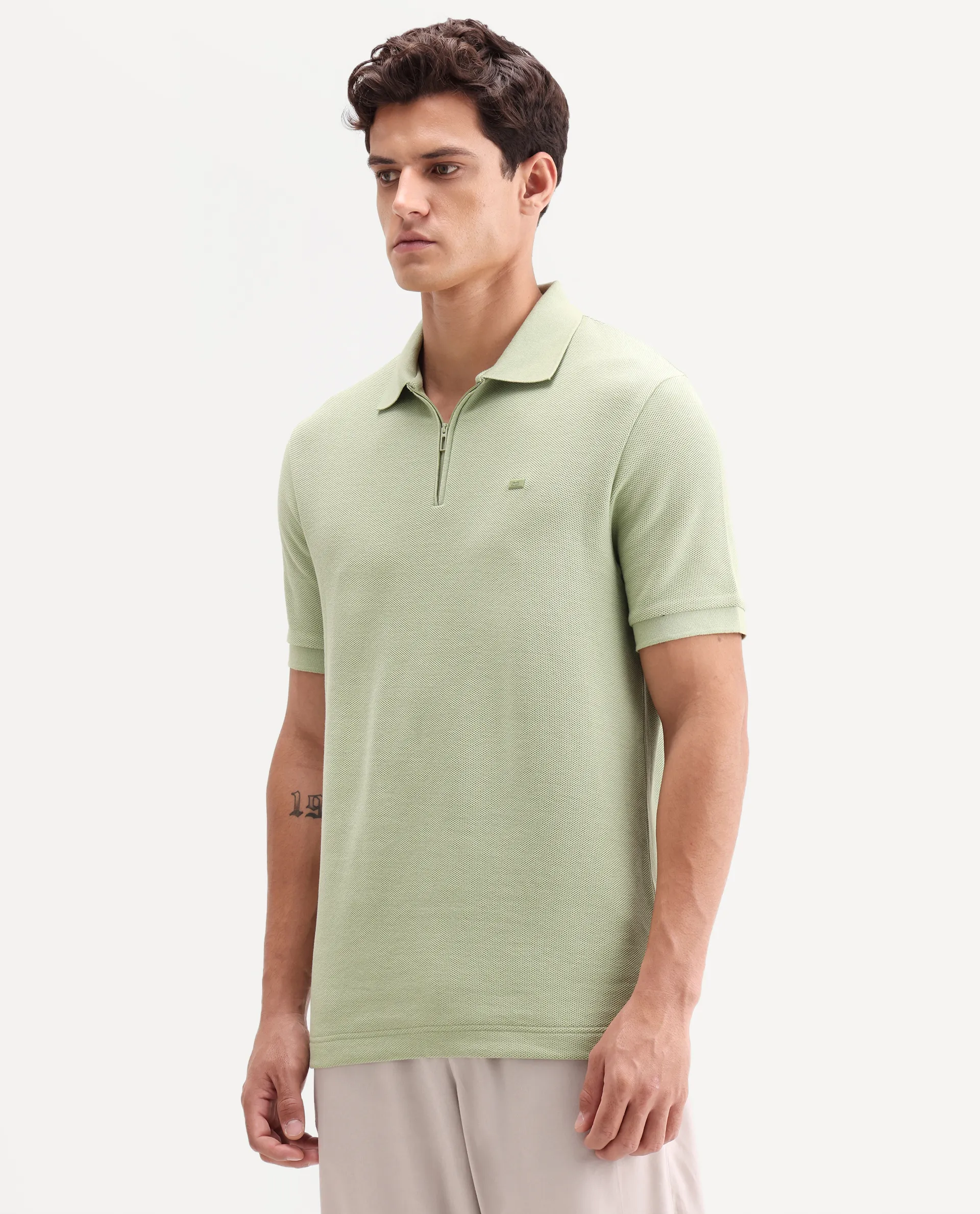 Rare Rabbit Men's Zaron Pastel Green Cotton Fabric Half Sleeve Spread Collar Regular Fit Plain Polo - Image 5