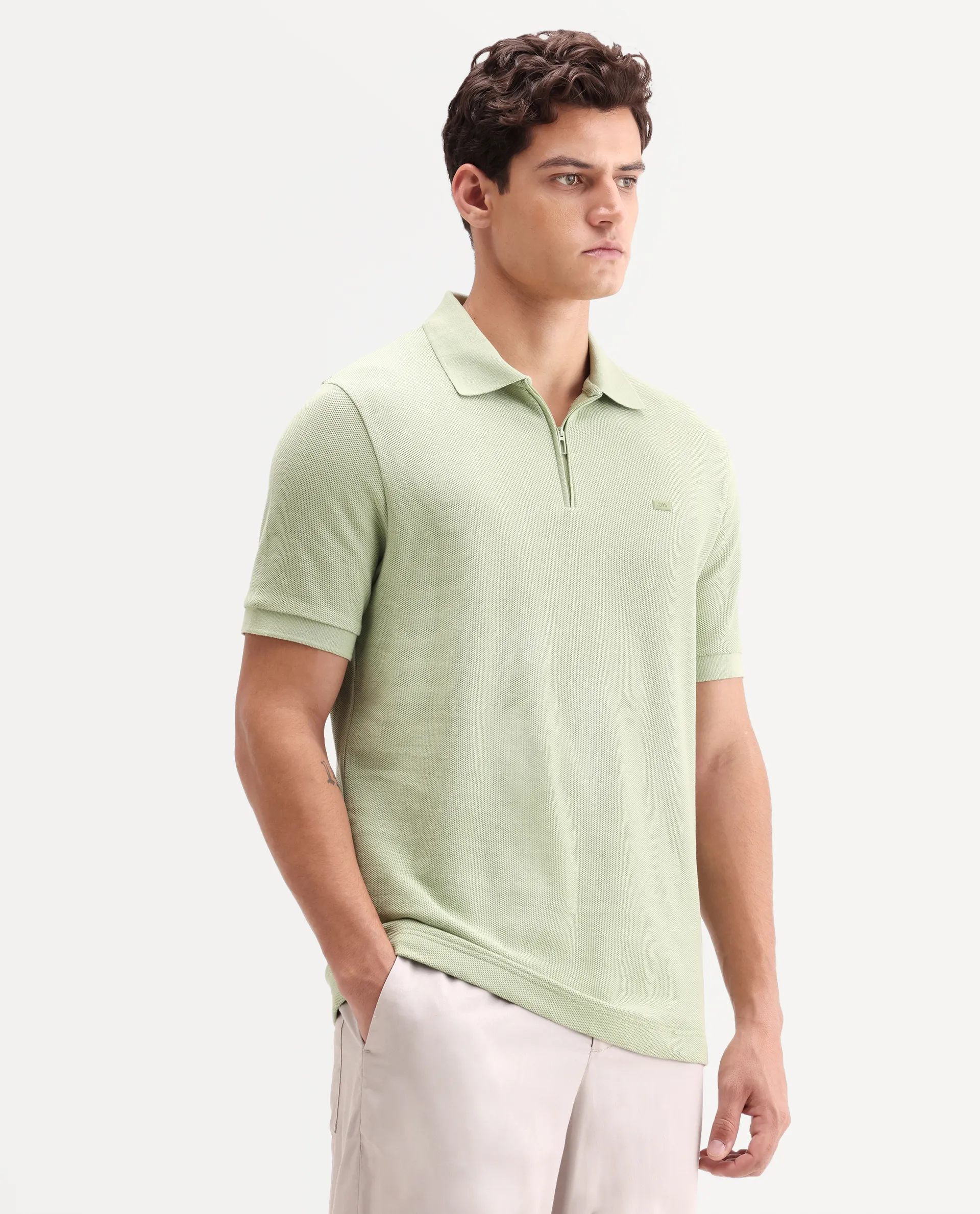 Rare Rabbit Men's Zaron Pastel Green Cotton Fabric Half Sleeve Spread Collar Regular Fit Plain Polo - Image 6